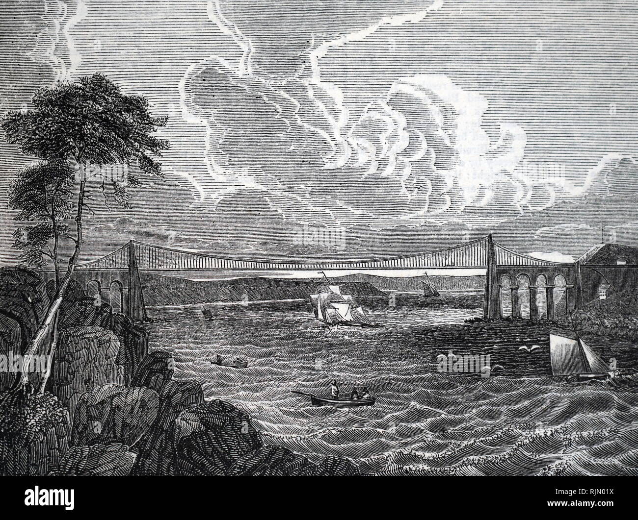 Illustration showing Telford's Menai suspension bridge. Detail from an undated broadsheet. Stock Photo