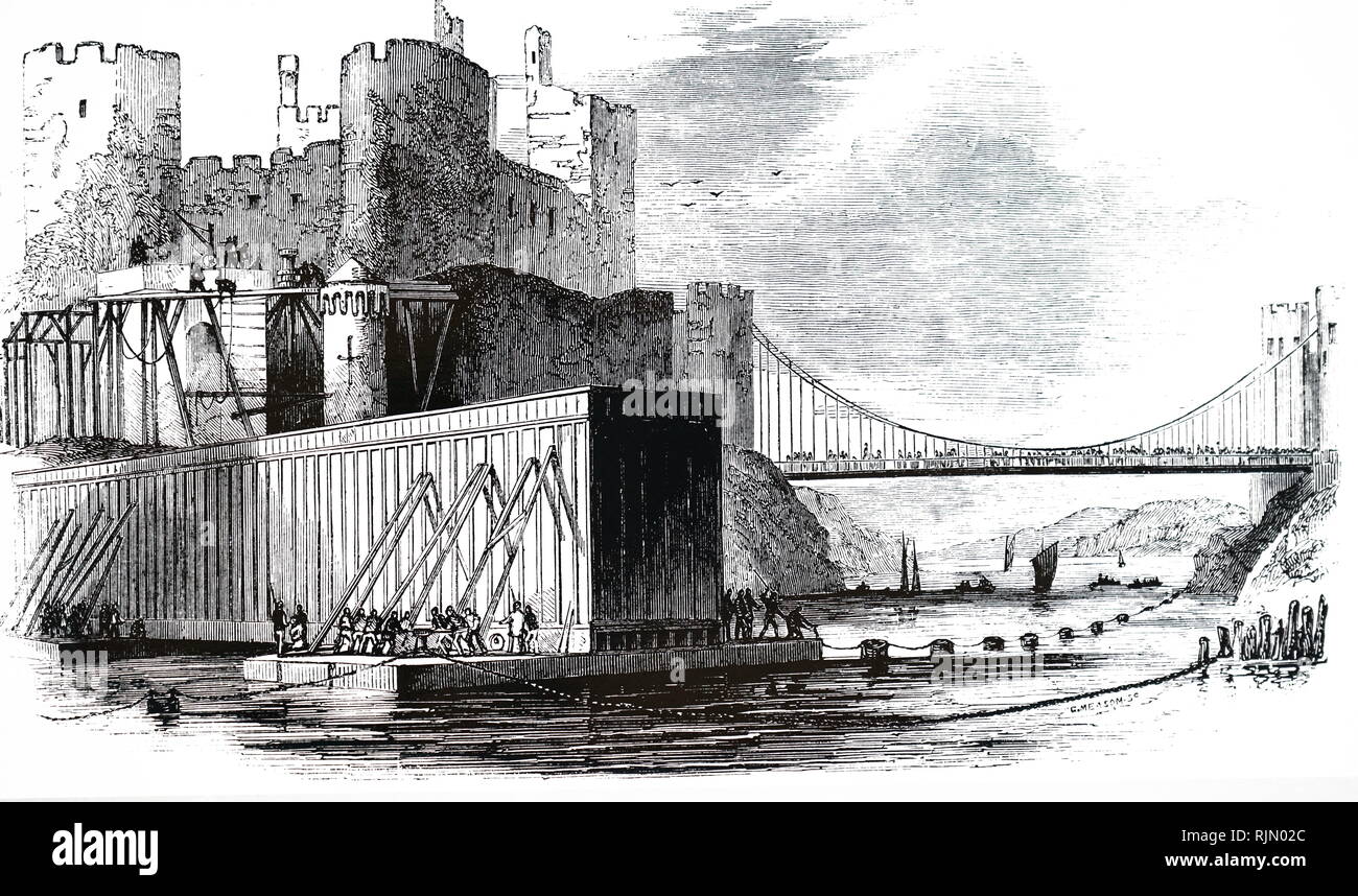 Illustration showing the preparation for towing the iron tube of the Conway Tubular Bridge, into position. Engineer: Robert Stephenson. 1849 Stock Photo