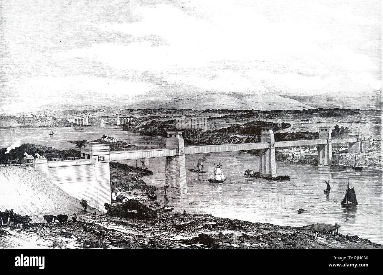 Illustration showing Britannia tubular bridge over the Menai Straits, opened in 1850 Stock Photo