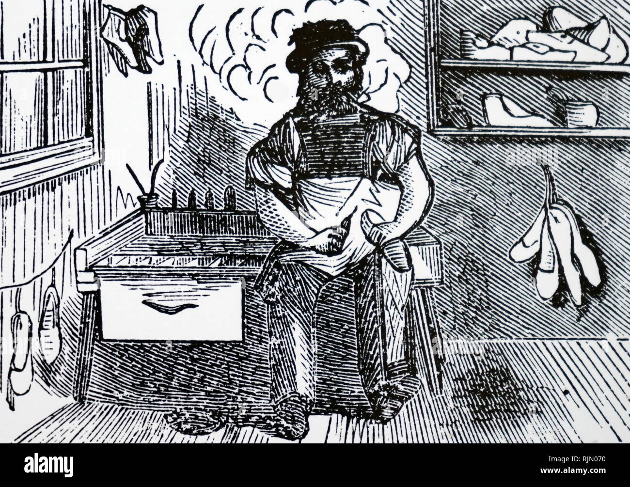 Illustration showing an American cobbler. 1872 Stock Photo