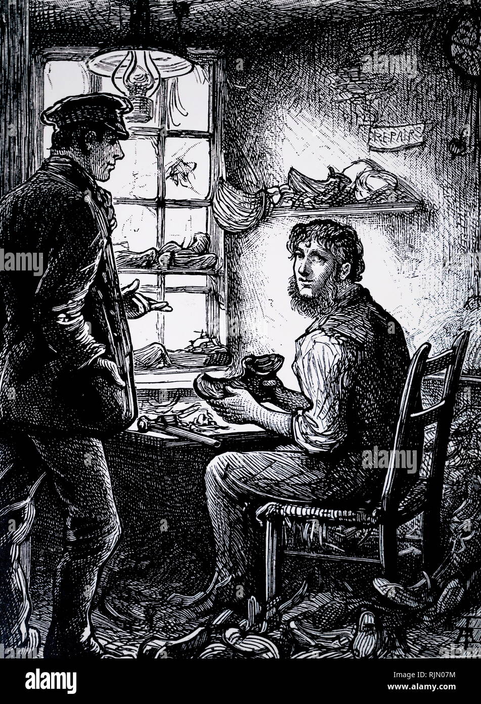 Illustration showing a translator: this man would buy old worn-out boots and re-use the good parts from each, to make presentable pairs. He would thus make between seven and ten pence (d) per good pair of boots, and on this sum he could just manage to keep his family in one room without starving. London, 1885 Stock Photo