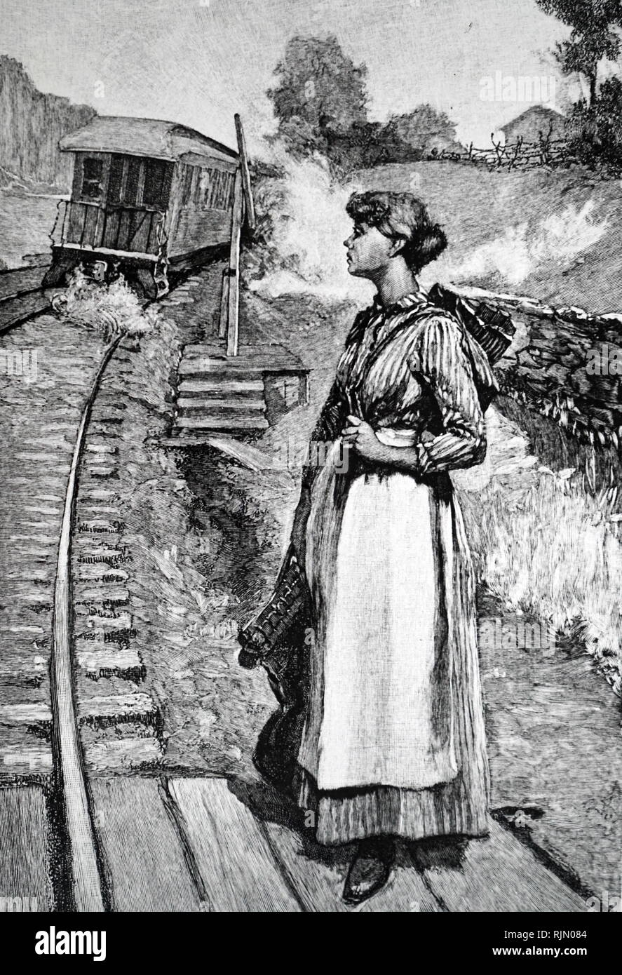 Illustration showing Postmaster's assistant, waiting to put a mailbag on a train at a way-station. American, 1890 Stock Photo
