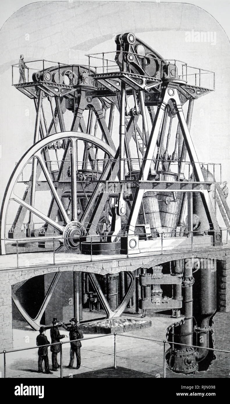 Illustration showing steam powered pumping engine by E.D. Leavitt Jnr of Cambridgeport, Mass. This compound beam engine was used at the Lawrence Waterworks, Mass. Flywheel mounted between beams and cylinders. New York, 1880 Stock Photo