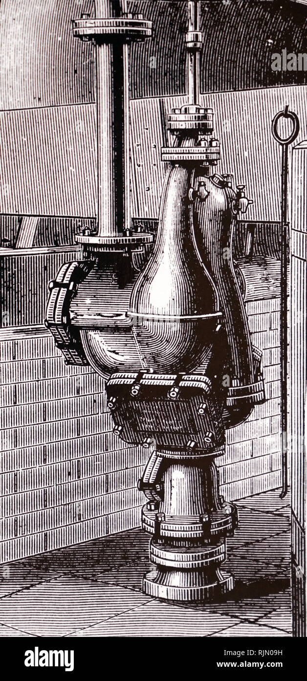 Illustration showing a Pulsometer steam pump; a pistonless pump which was patented in 1872, by American Charles Henry Hall. In 1875 a British engineer bought the patent rights of the Pulsometer. The invention was inspired by the Savery steam pump invented by Thomas Savery. Around the turn of the century, it was a popular and effective pump for quarry pumping. Stock Photo