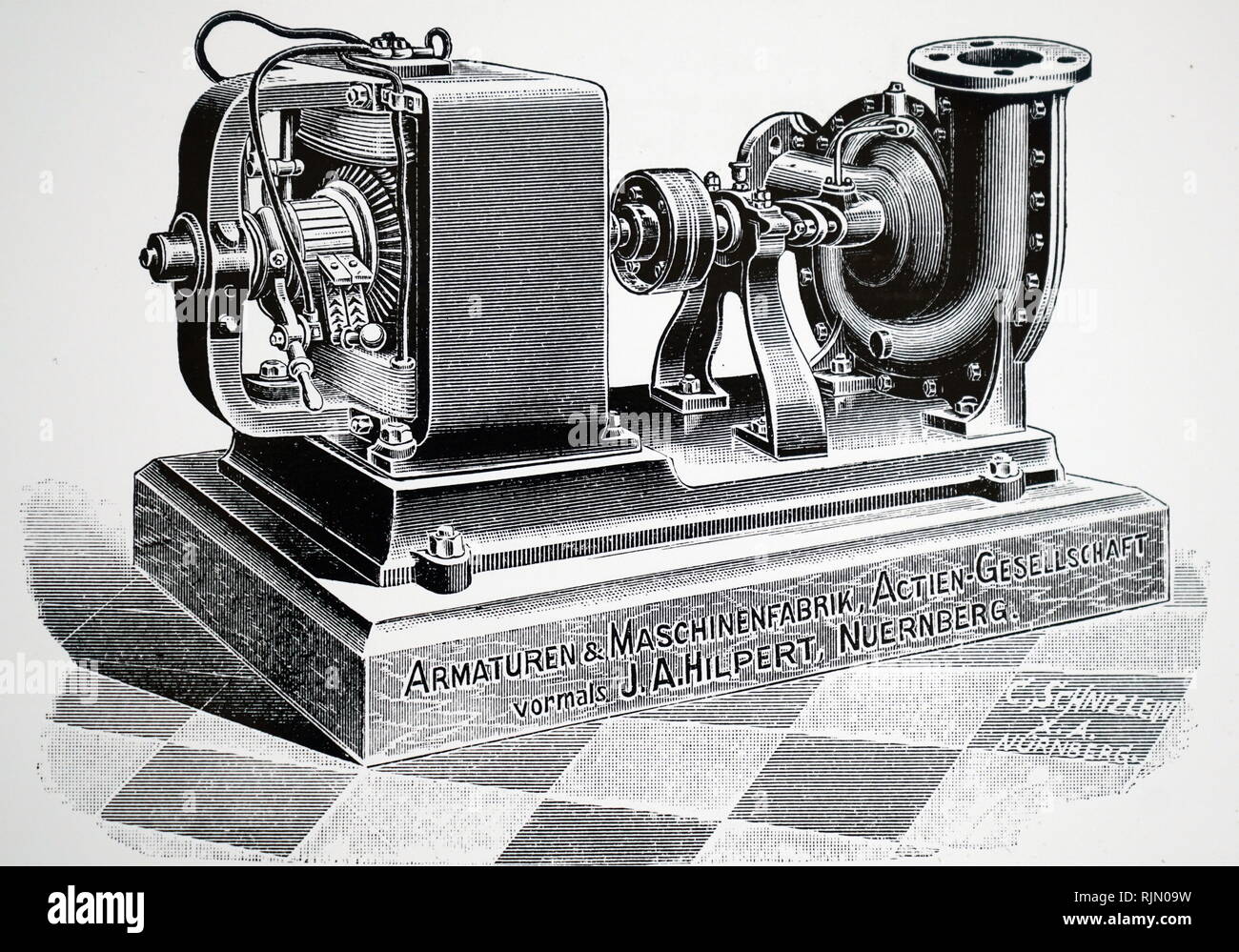 Illustration showing Electrically operated centrifugal pump. German 1896 Stock Photo