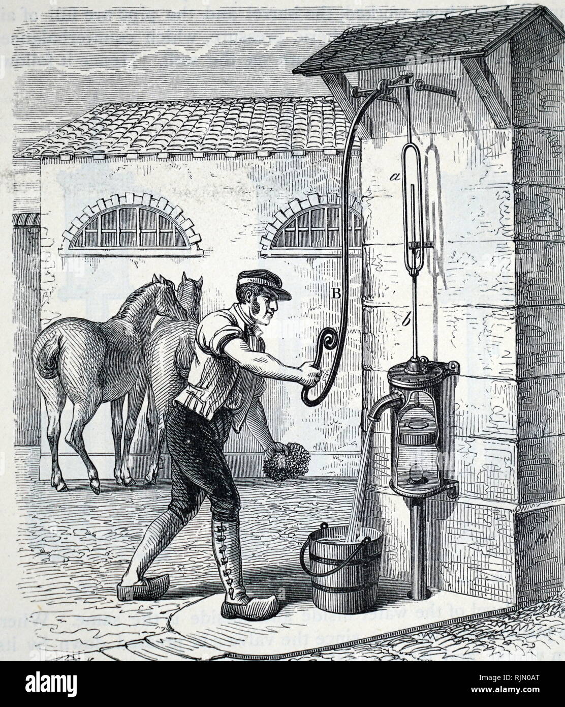 Illustration showing hand operated suction pump, similar to the majority of village pumps in the latter half of the nineteenth century 1887 Stock Photo