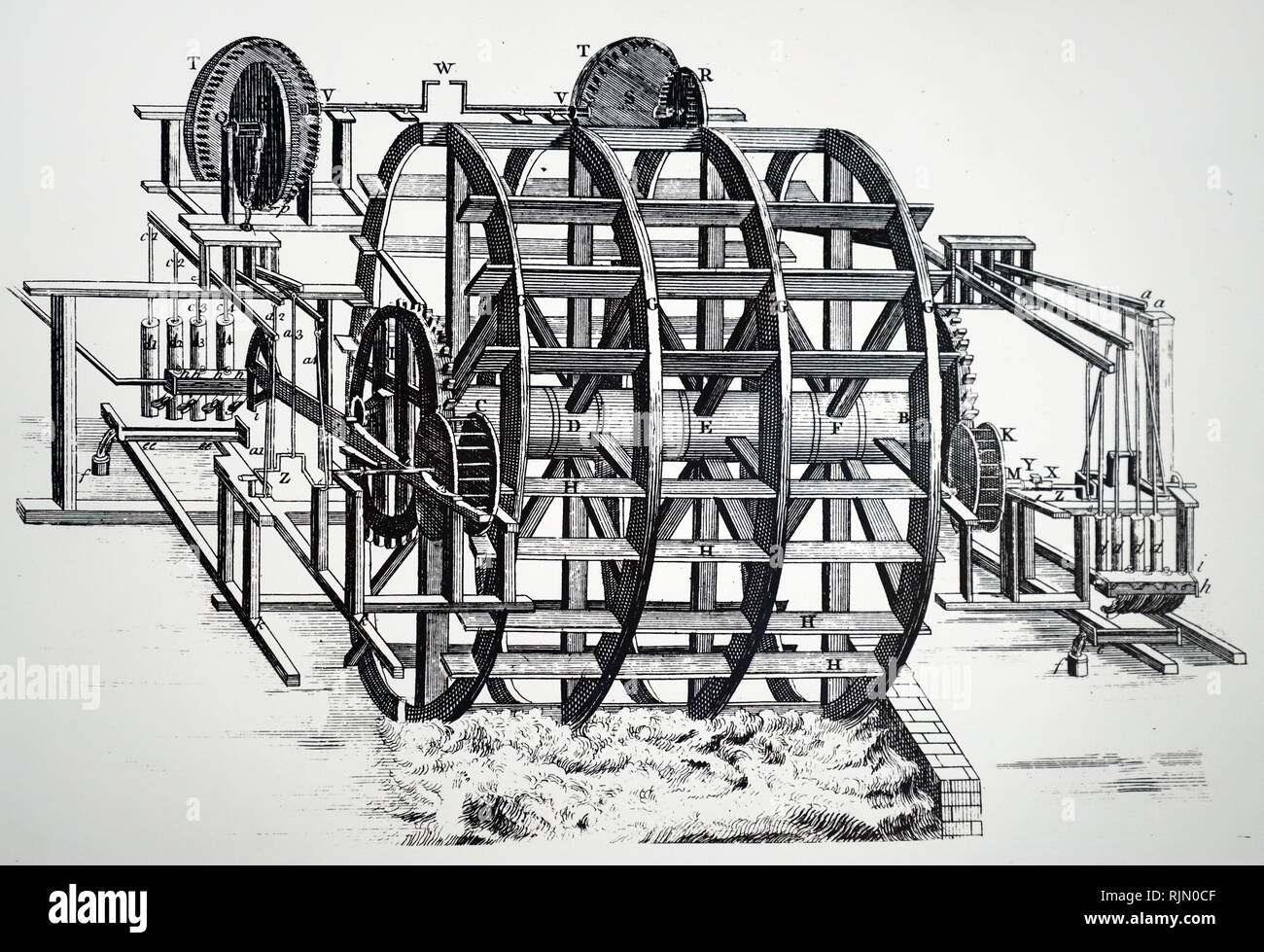 Illustration showing Marc Isambard Brunel's machinery for making pulley blocks, used in Portsmouth Dockyards. 1866 Stock Photo