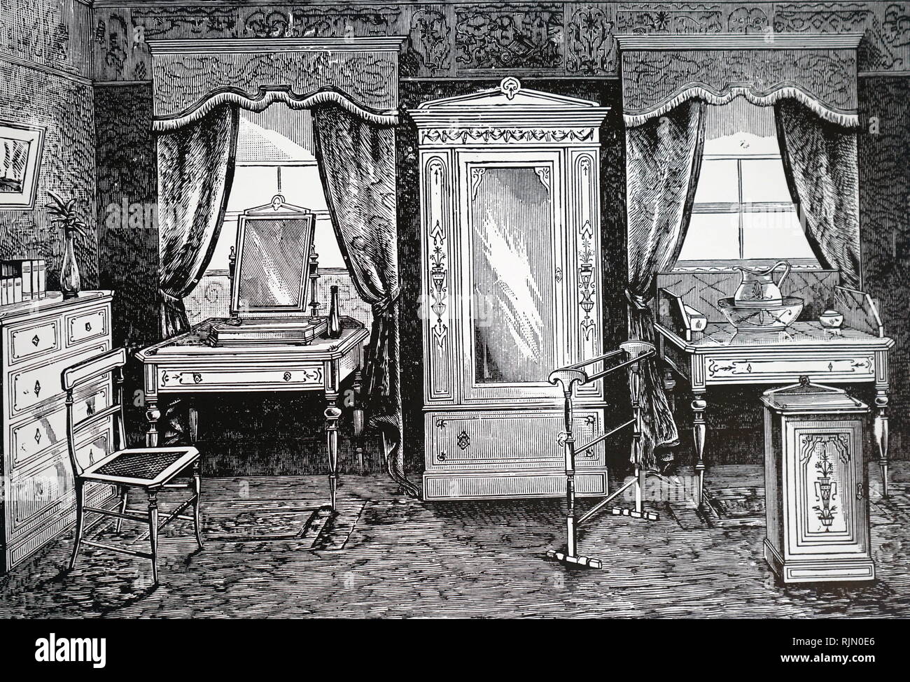 Illustration showing advert for a complete bedroom suite, by Maple & Co. London. Price £8.75. Christmas 1886 Stock Photo