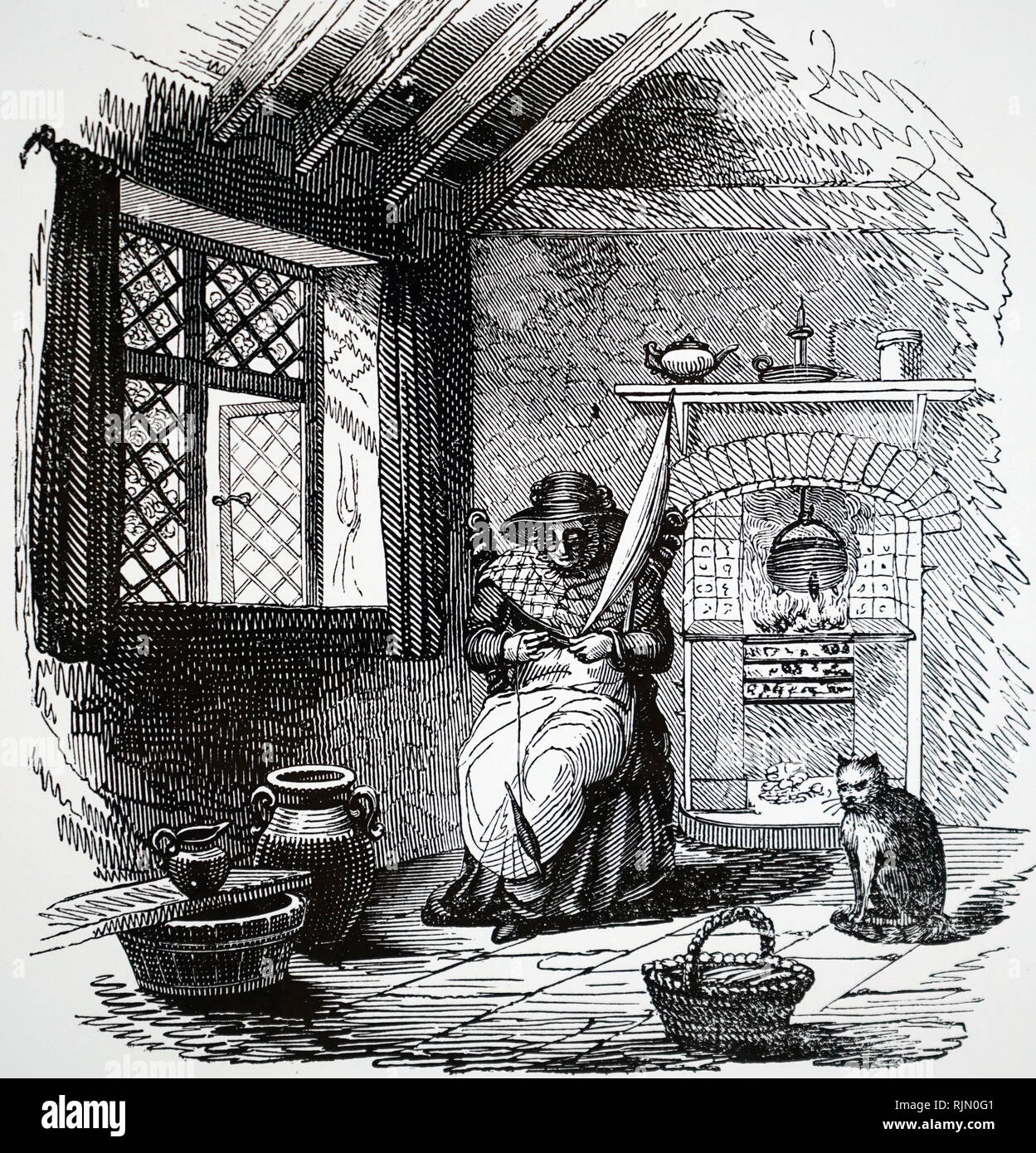 Cottager spinning with Distaff. The window has leaded lights and is a casement. Curtains are hung by rings from a pole. Illustration based on Richard Guest 'History of Cotton Manufacture'. 1823 Stock Photo