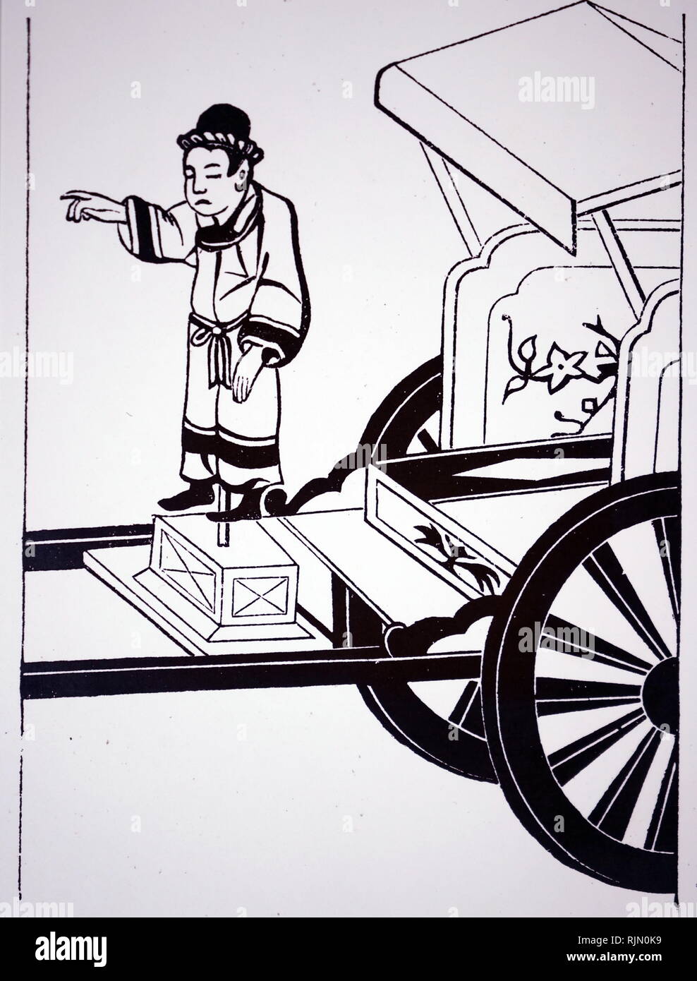 Illustration showing Chinese magnetic chariot. The arm of the figure always pointed south. From John Timbs Wonderful Inventions, London 1870 Stock Photo