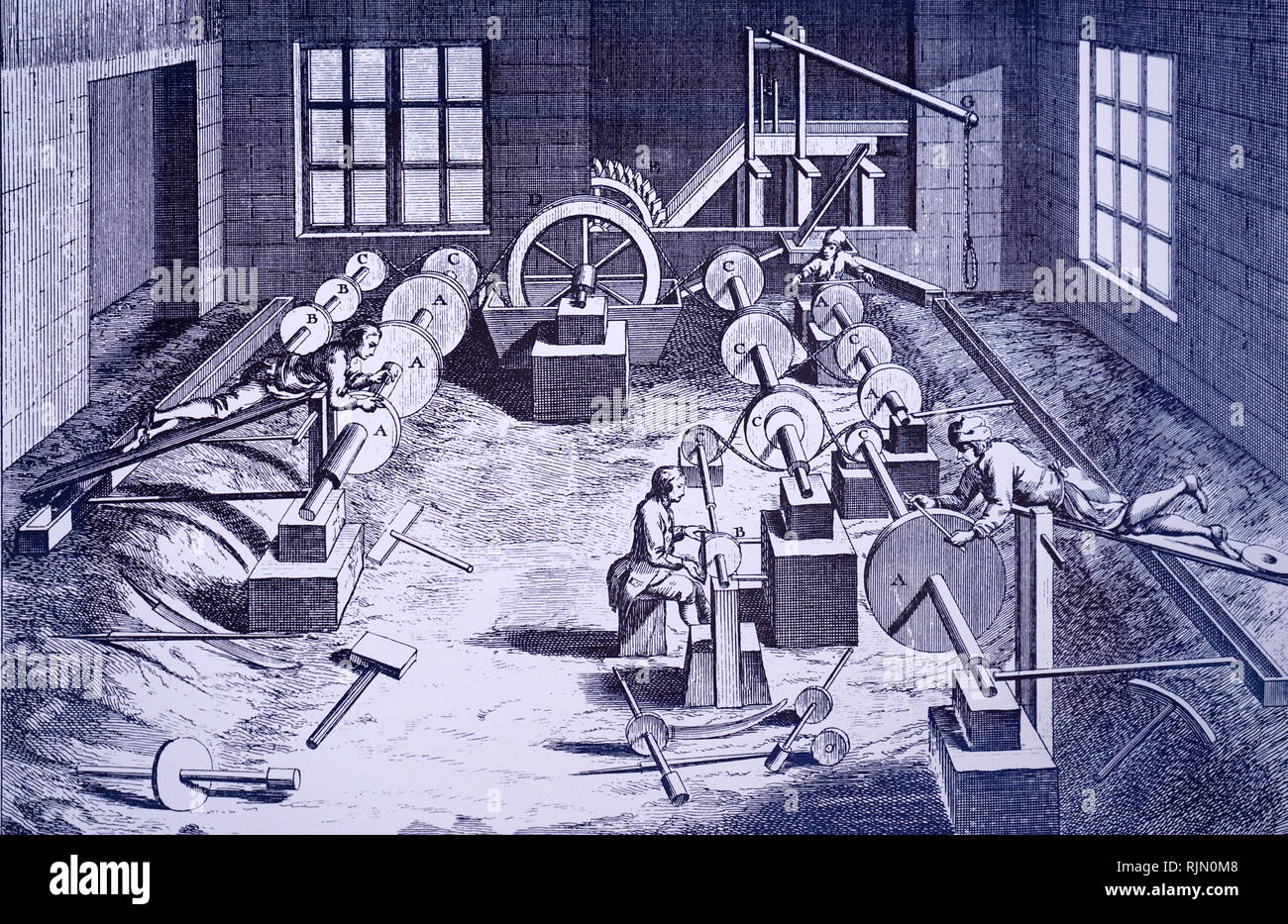 Illustration from Diderot's Encyclopedie, showing the grinding of sword blades. 1751 Stock Photo