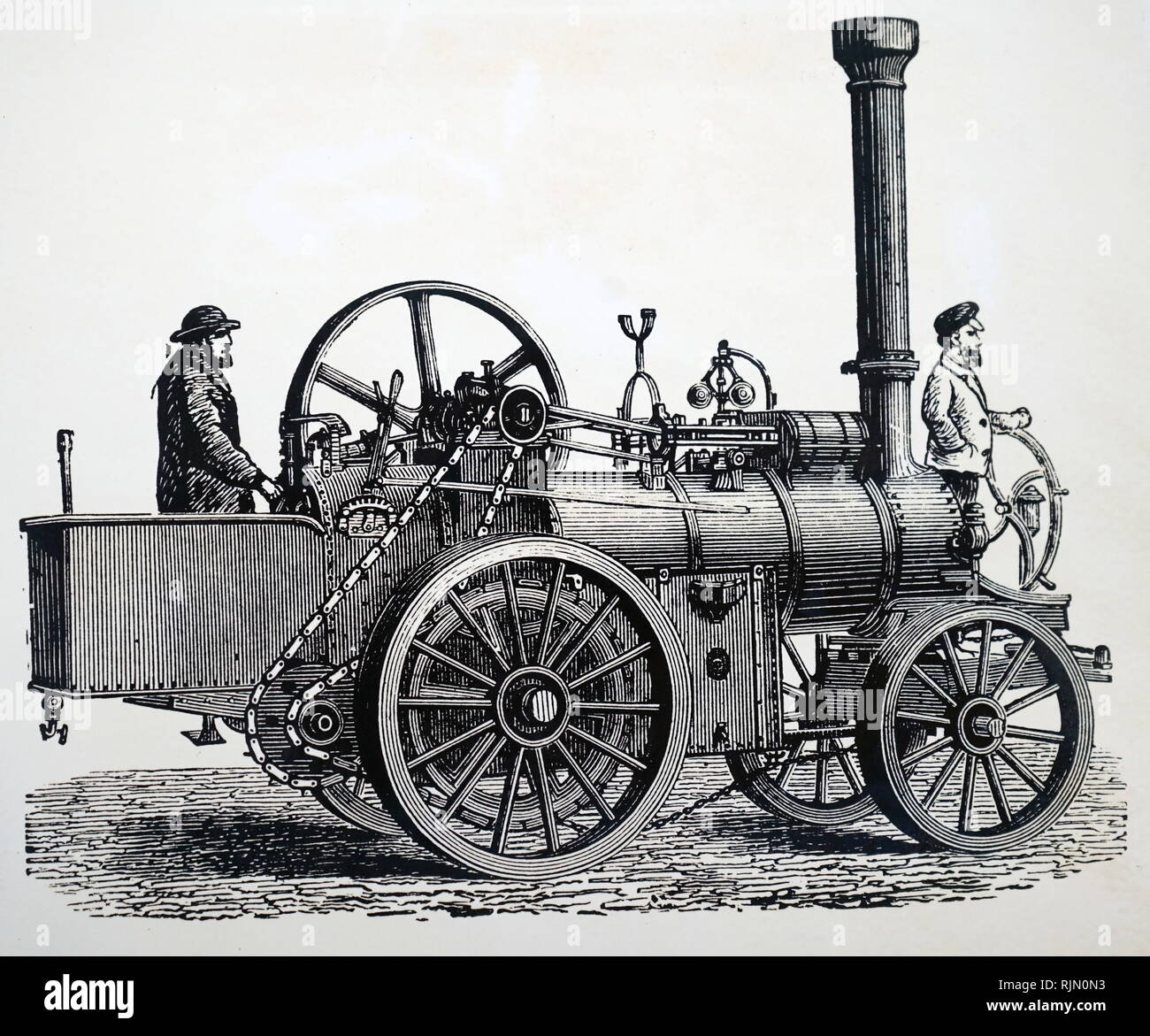 Illustration showing steam road locomotive with chain drive. 1888 Stock ...