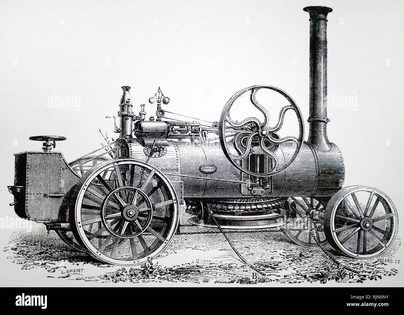 Illustration showing steam locomotive used by Fowler in his mechanical ploughing system 1862 Stock Photo