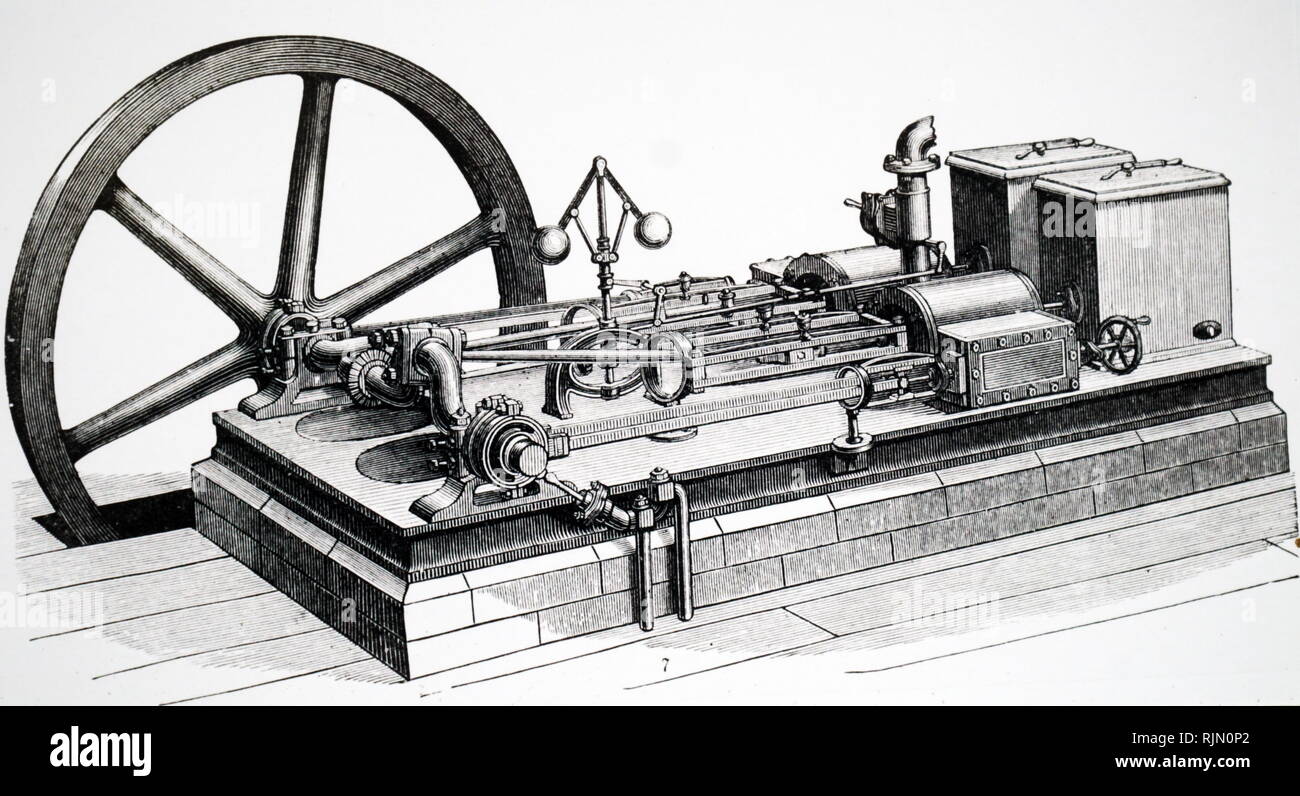 Illustration showing Horizontal steam engine shoving governor and flywheel 1888 Stock Photo