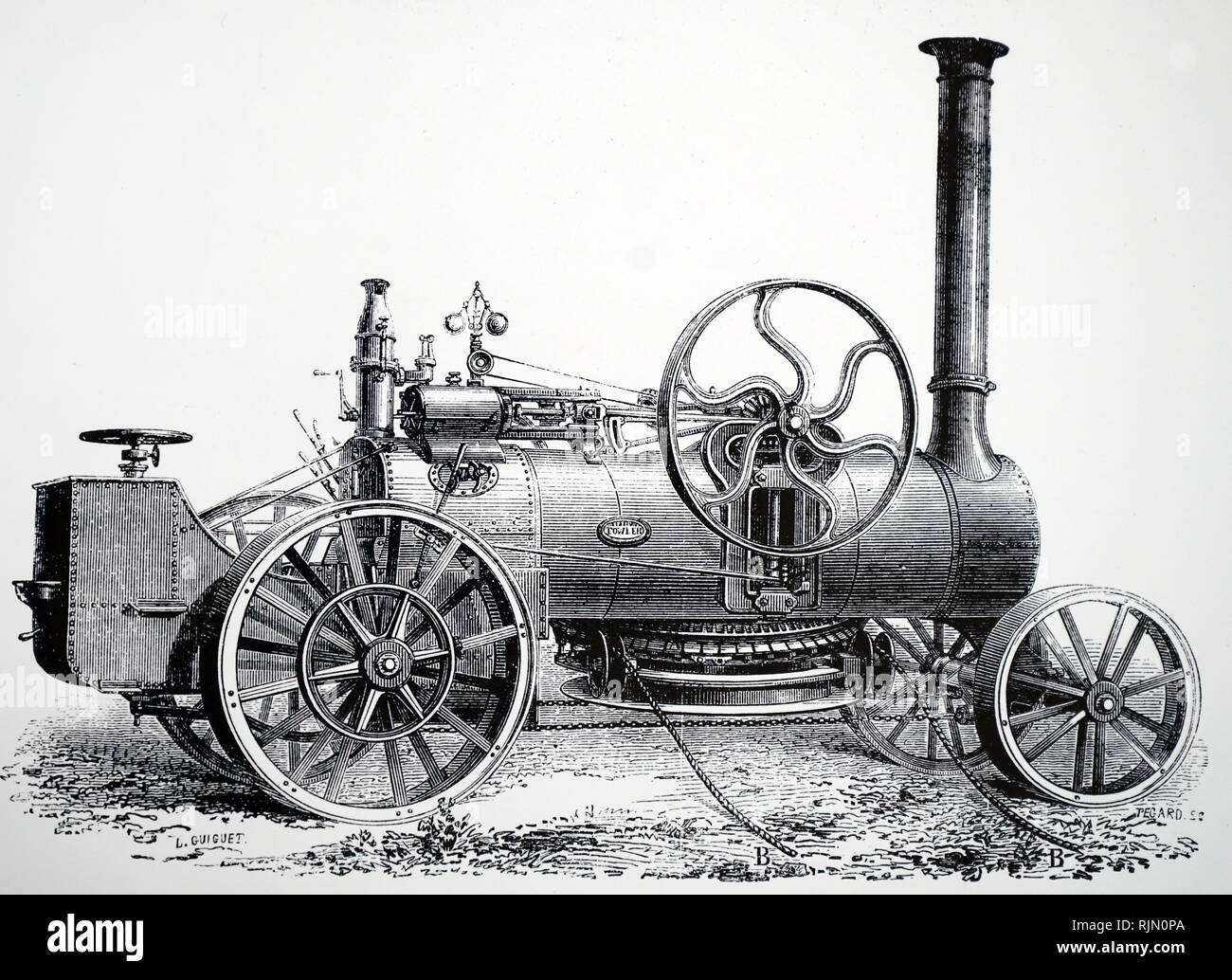 Illustration showing Steam locomotive used by Fowler in his mechanical ploughing system -circa 1862. Flywheel mounted on side of boiler, governor towards the rear 1870 Stock Photo