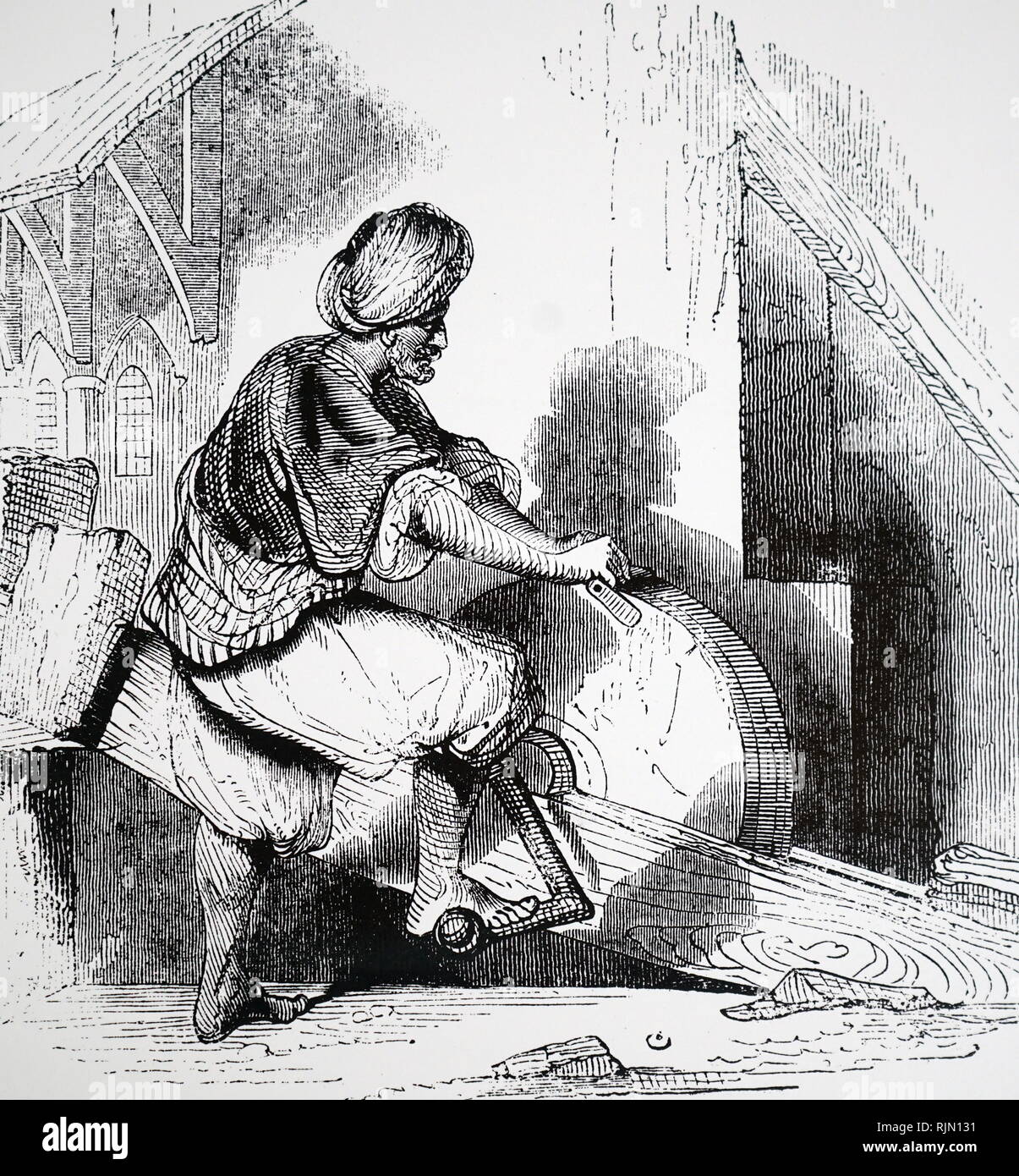 Illustration showing Egyptian cutlery grinder turning his grindstone with a crank moved by his foot 1851 Stock Photo