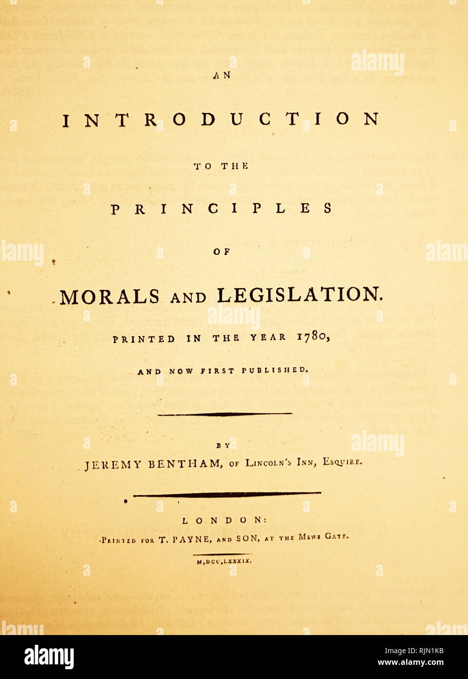 Title page of Jeremy Bentham's 'An Introduction to the Principles of Morals and Legislation', first edition, 1789 Stock Photo
