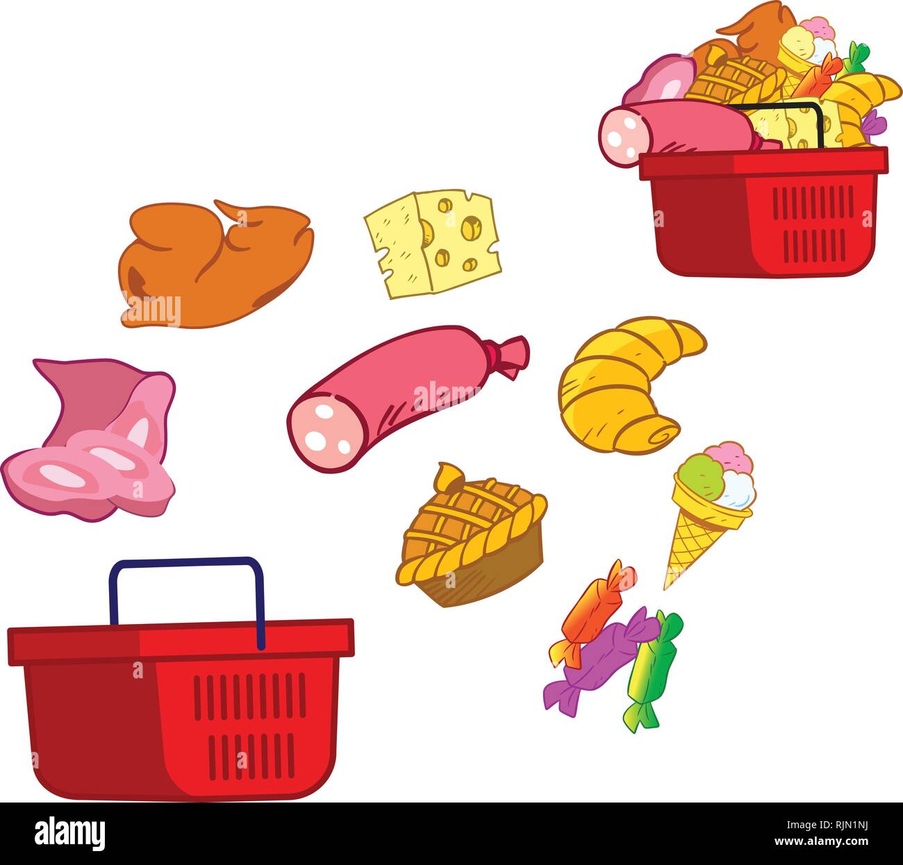 Vector illustration with grocery basket and set of products isolated on white background. Stock Vector