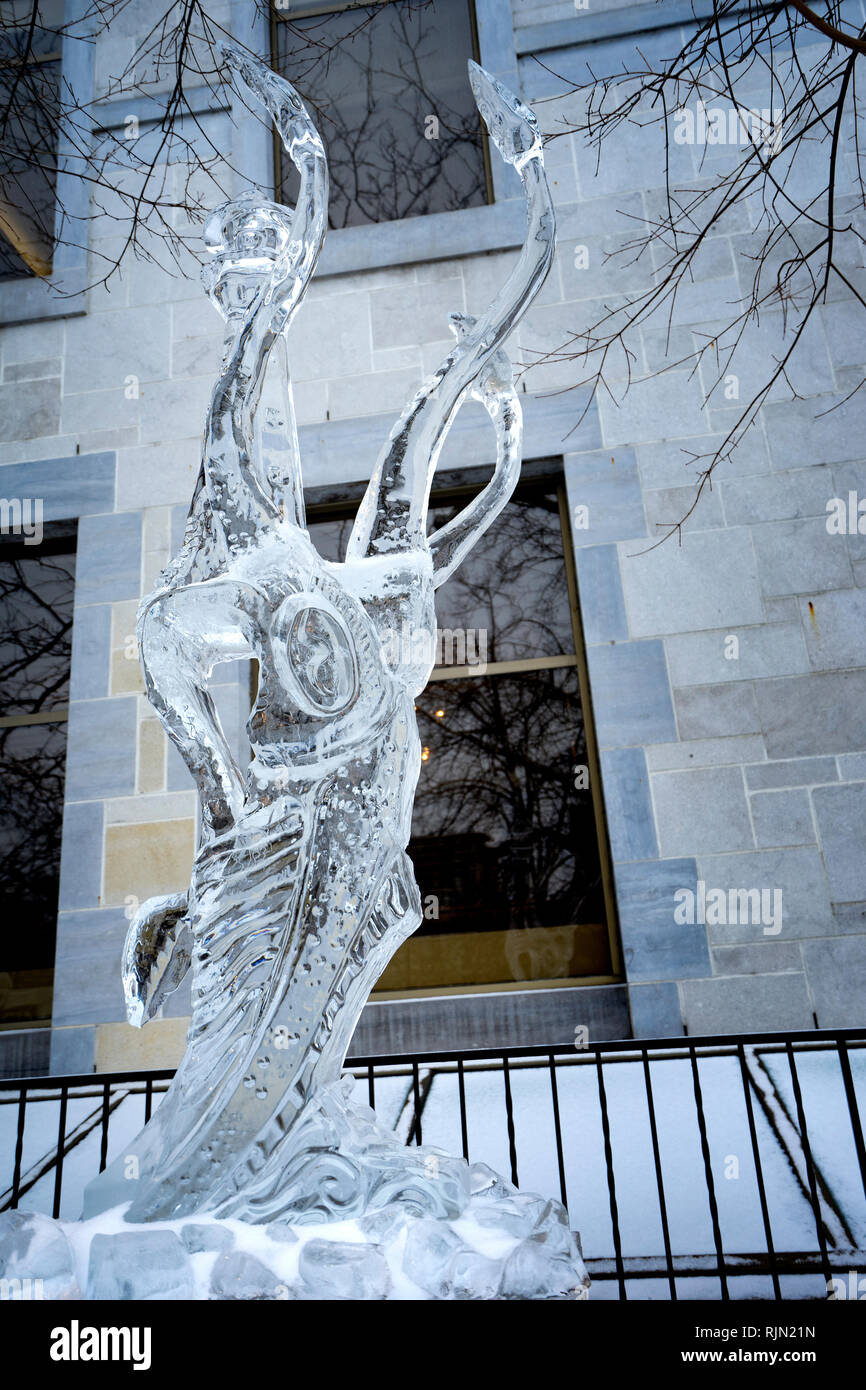 Ice sculpture representing a giant Octopus, made for the 2019 Winterlude festival in Ottawa (picture enhanced) Stock Photo