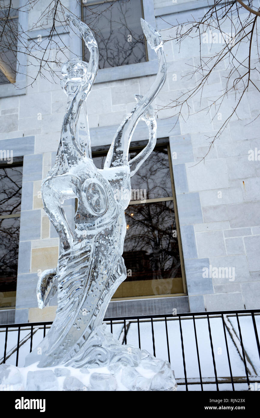 Ice sculpture representing a giant Octopus, made for the 2019 Winterlude festival in Ottawa (Original picture) Stock Photo