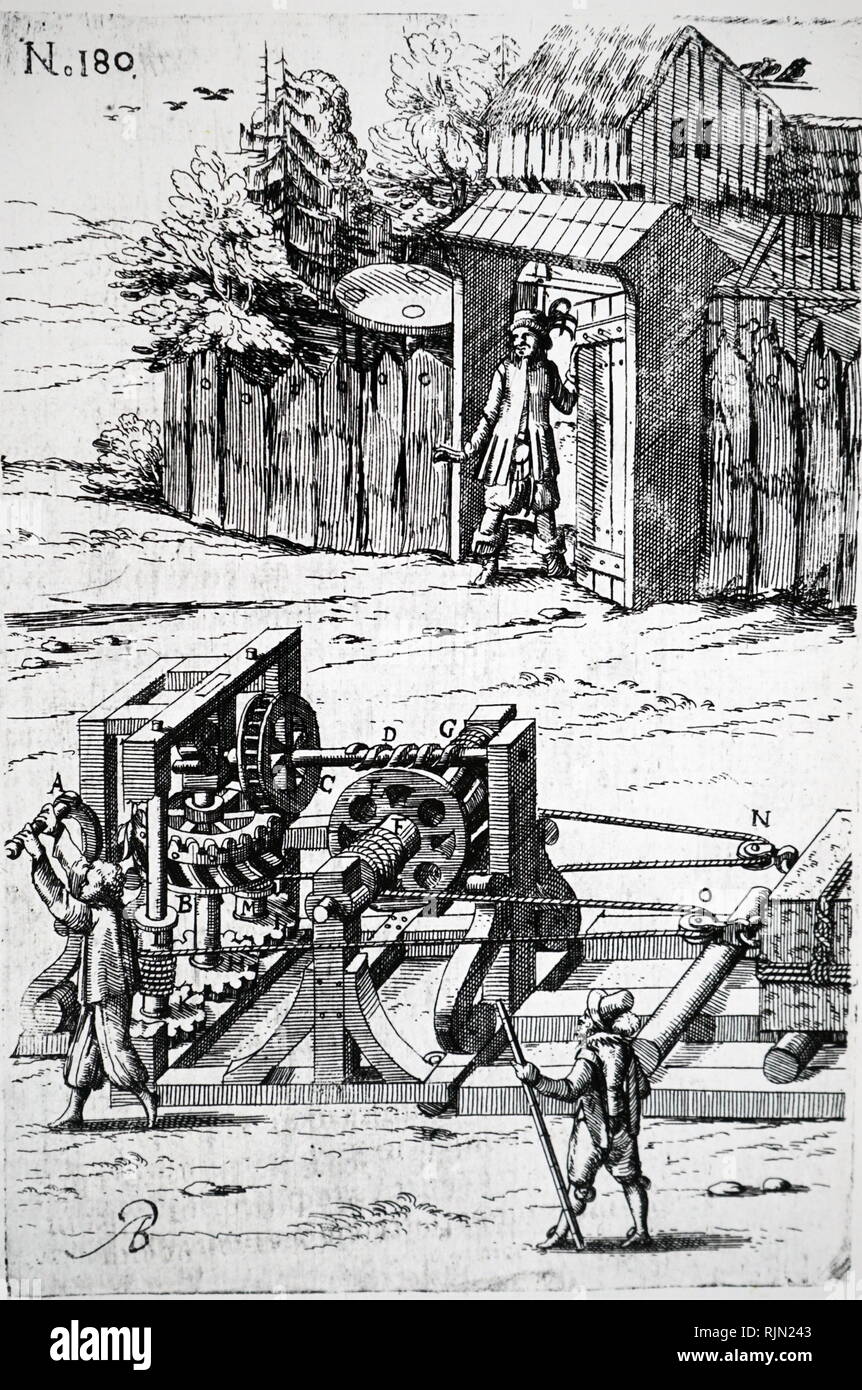 Illustration showing apparatus for moving heavy items overland by means of  rollers, pulleys, winches and various types of gearing. From a German  edition of Agostino Ramelli 'Le diverse et artificiose machine', published