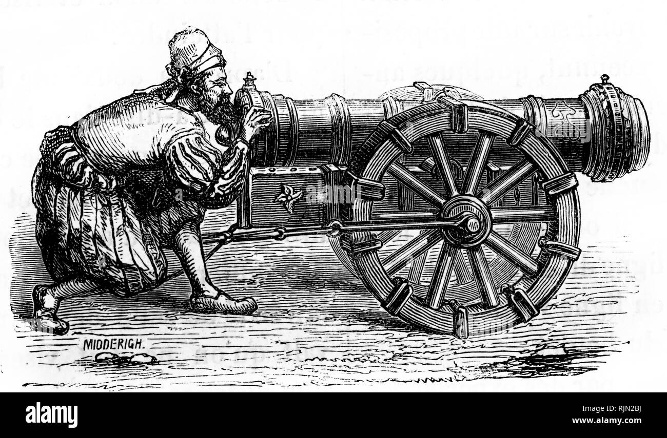 Illustration showing German gunner of the 16th century levelling a cannon. Stock Photo