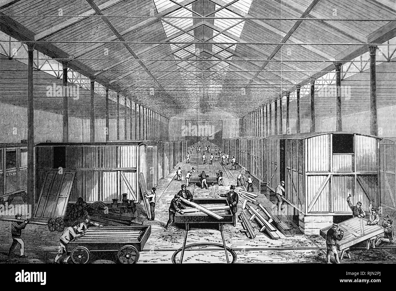 Illustration showing Railway Carriage Co's works, Oldbury; The carriage making shop. 1869 Stock Photo