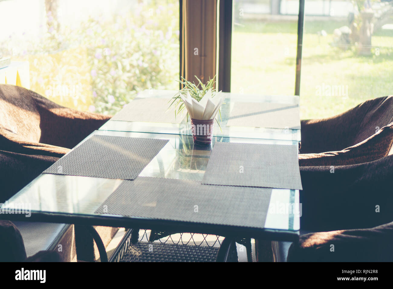 Tables and chairs empty in canteen Stock Photo