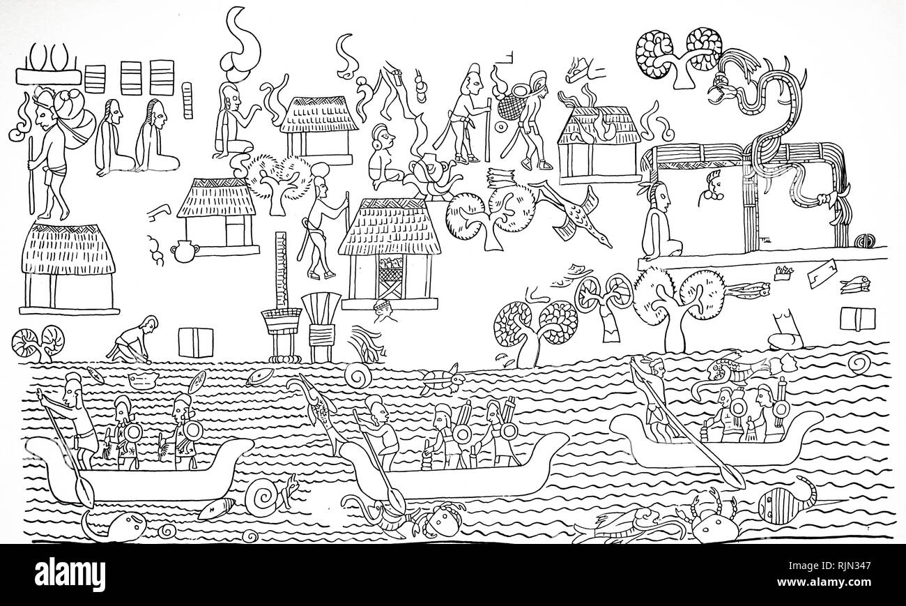 Illustration showing design of wall painting of a fishing village, Temple of the Warriors, Chichen Itza, a large pre-Columbian city built by the Maya people of the Terminal Classic period Stock Photo