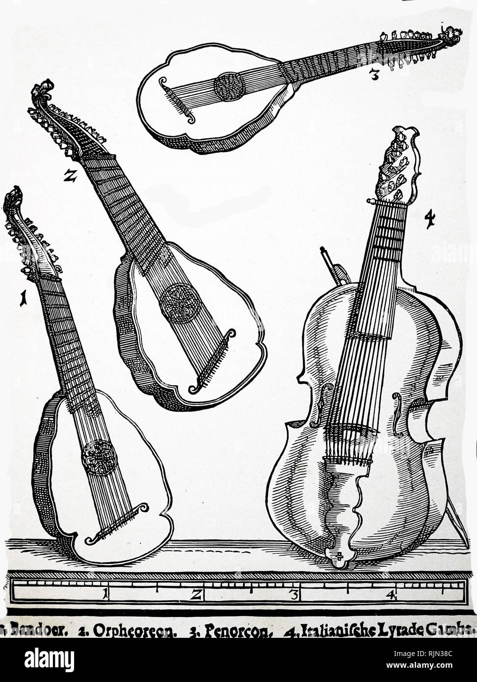 Illustration showing Old stringed instruments 1: Bandoer 2: Orpheoreon 3: Penorcon 4: Italian Lyra da Gamba. From Michael Praetorius 'Syntagma Musicum' Basel 1615-20 Stock Photo