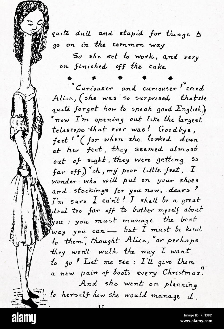 Illustration showing facsimile of the manuscript for 'Alice in Wonderland' by Lewis Carroll. Alice's Adventures in Wonderland (commonly shortened to Alice in Wonderland) is an 1865 novel written by English author Charles Lutwidge Dodgson under the pseudonym Lewis Carroll. Stock Photo