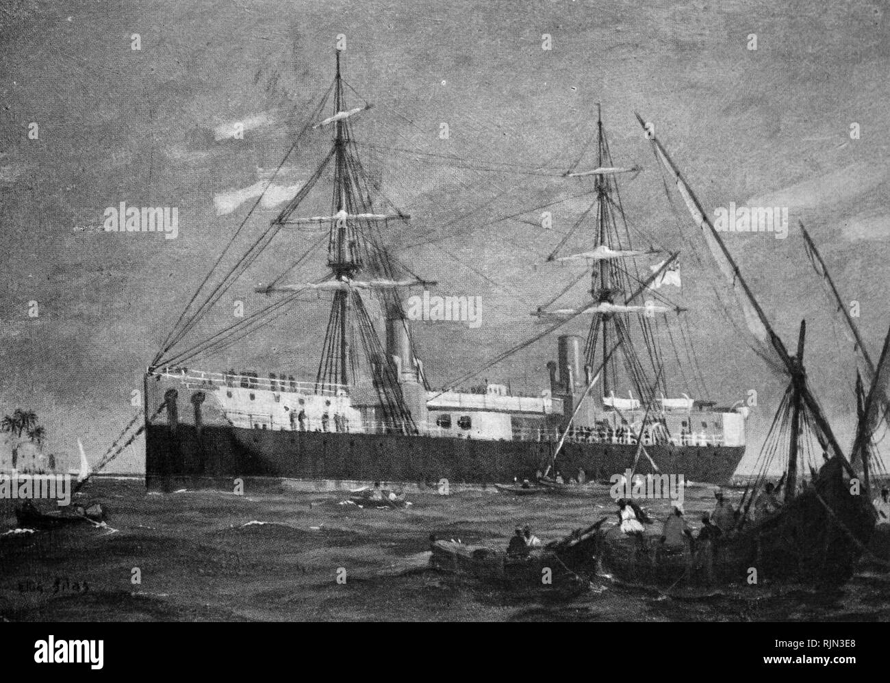 Illustration showing the Royal Navy ship 'Inflexible' a turret battleship 1876 Stock Photo