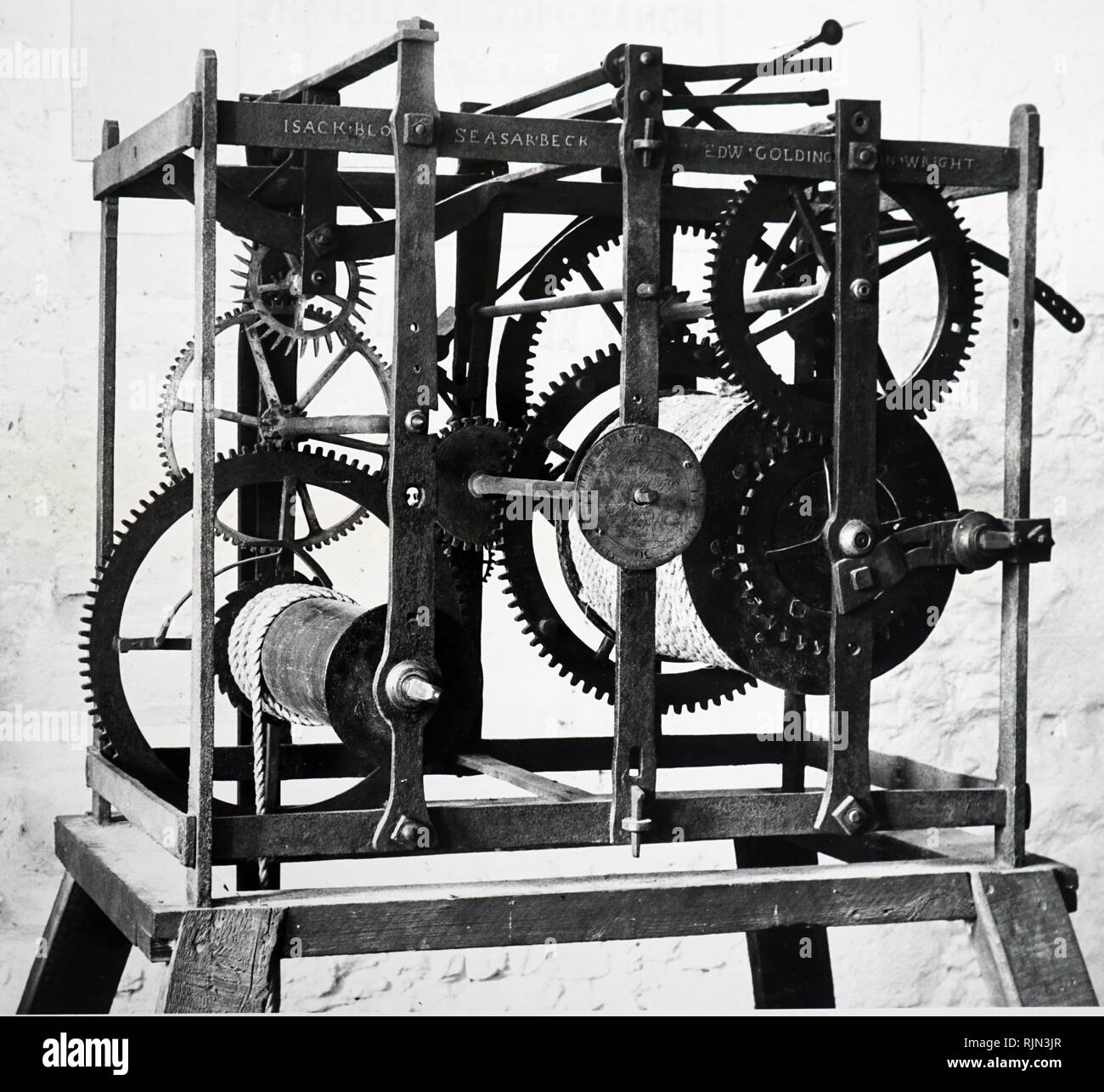 Illustration showing 17th century clock mechanism, from Waltham Abbey, Essex. On the left is the train of gears for keeping time and on the right those for operating the chimes. At the top left can be seen an anchor escapement of the type designed by Robert Hooke (1635 -1703) for use in pendulum clocks. Stock Photo