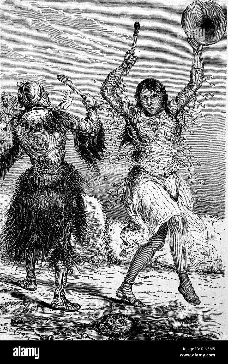 Illustration showing ARCTIC AND TUNDRA REGIONS Ritual shaman dance. From a late 19th century French engraving Stock Photo