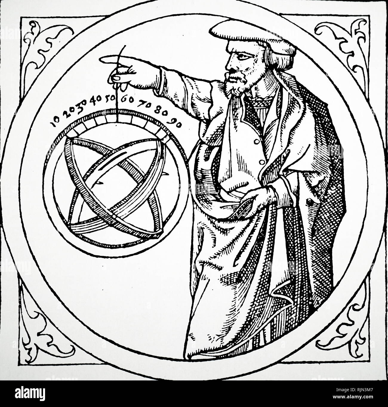 Illustration showing Gemma Frisius (1508 – 1555), Dutch physician, mathematician, cartographer, philosopher, and instrument maker. He created important globes, improved the mathematical instruments of his day and applied mathematics in new ways to surveying and navigation. Gemma's rings are named after him. Along with Gerardus Mercator and Abraham Ortelius, Frisius is often considered one of the founders of the Netherlandish school of cartography and significantly helped lay the foundations for the school's golden age Stock Photo
