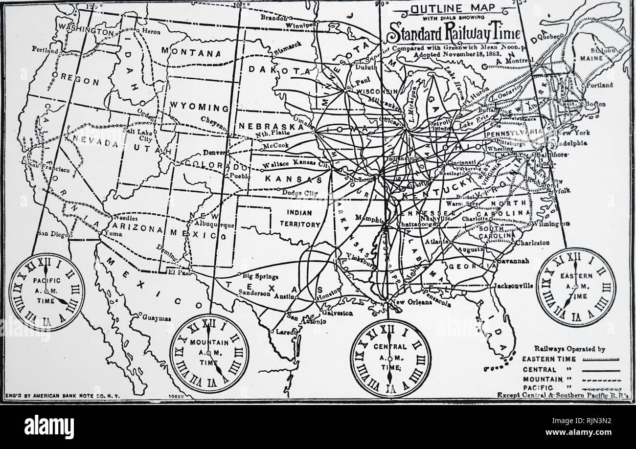 Illustration showing Map of time zones into which the US was divided after the adoption of Standard Time on 18 November 1883. Stock Photo