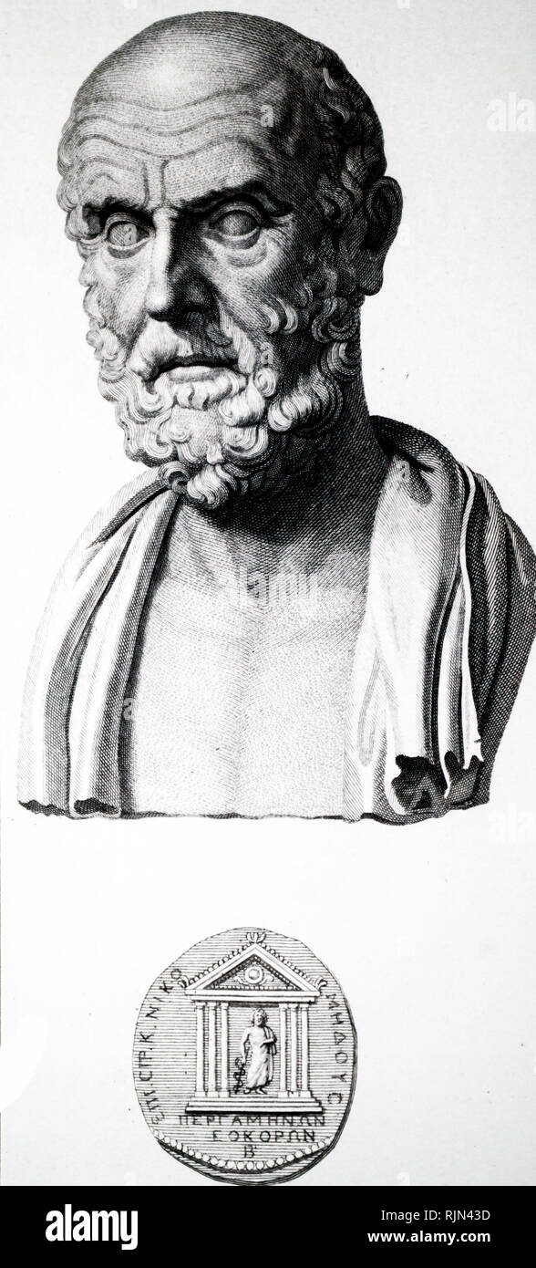 Illustration showing Hippocrates of Kos (c. 460 – c. 370 BC), Greek physician of the Age of Pericles (Classical Greece), who is considered one of the most outstanding figures in the history of medicine. Stock Photo