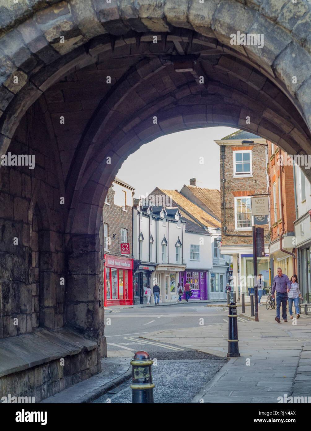 A closeup of a gatehouse in the walled fortifications in York, England