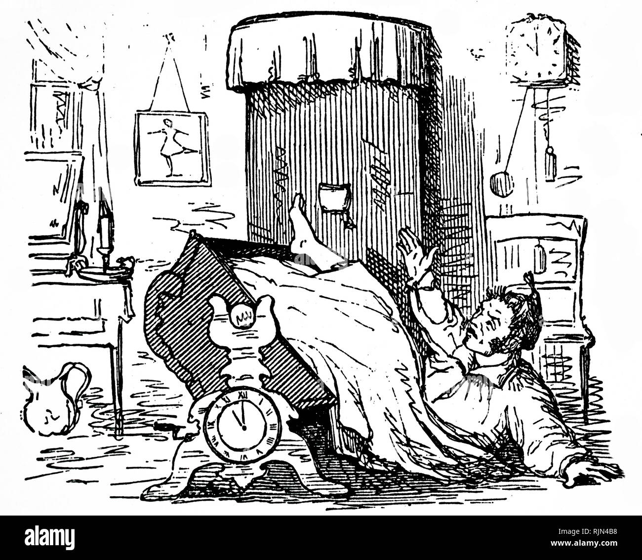 Illustration showing Theodore Jones's alarm clock. Punch cartoon 1851 Stock Photo
