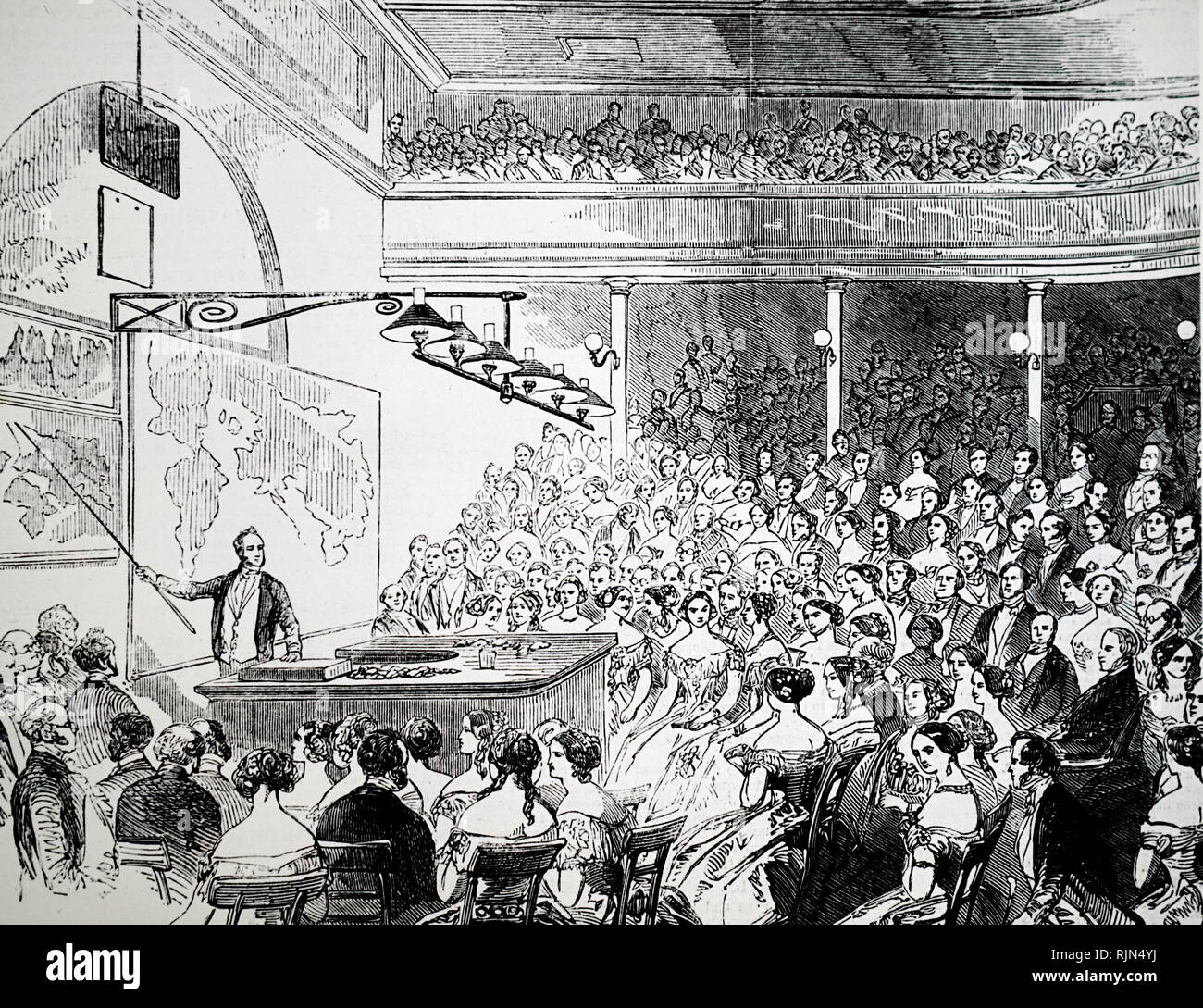 Illustration showing Roderick Impey Murchison (1792-1871), lecturing at the Royal Institution, London, on the distribution of gold ore: 1850. Stock Photo