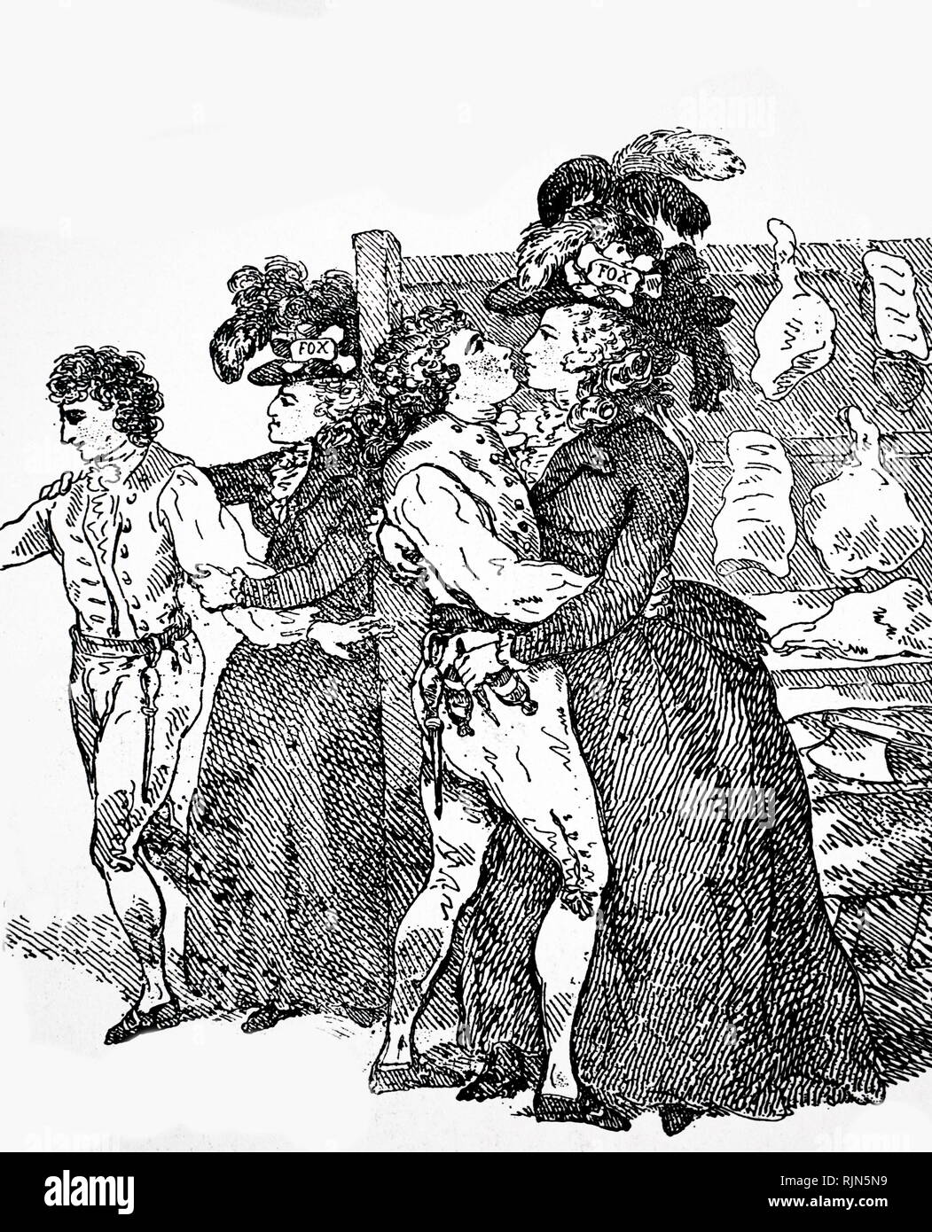 Illustration showing Charles James Fox (1748-1806), English Liberal statesman. The Duchess of Devonshire, a supporter of Fox, bartering kisses for votes at the Westminster election at which Fox was a candidate Stock Photo