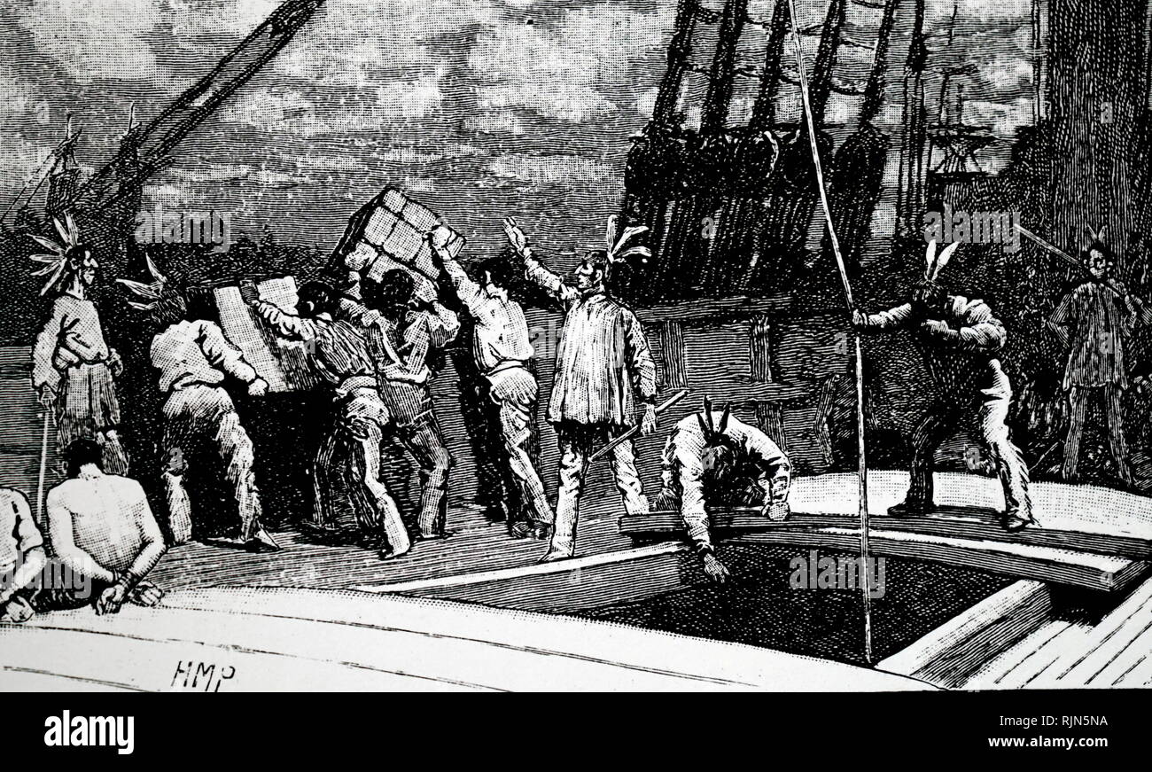 Illustration showing the BOSTON TEA PARTY,16 December 1773. inhabitants of Boston throwing tea in vessels in the port into the water in protest at the tax on tea. Stock Photo
