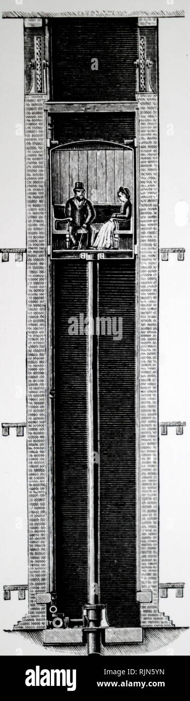Illustration showing Direct-acting hydraulic passenger lift. Germ any, 1896 Stock Photo