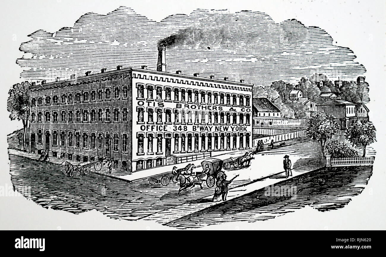 Illustration showing Otis Brothers hoist works, Yonkers, New York. 1872 Stock Photo