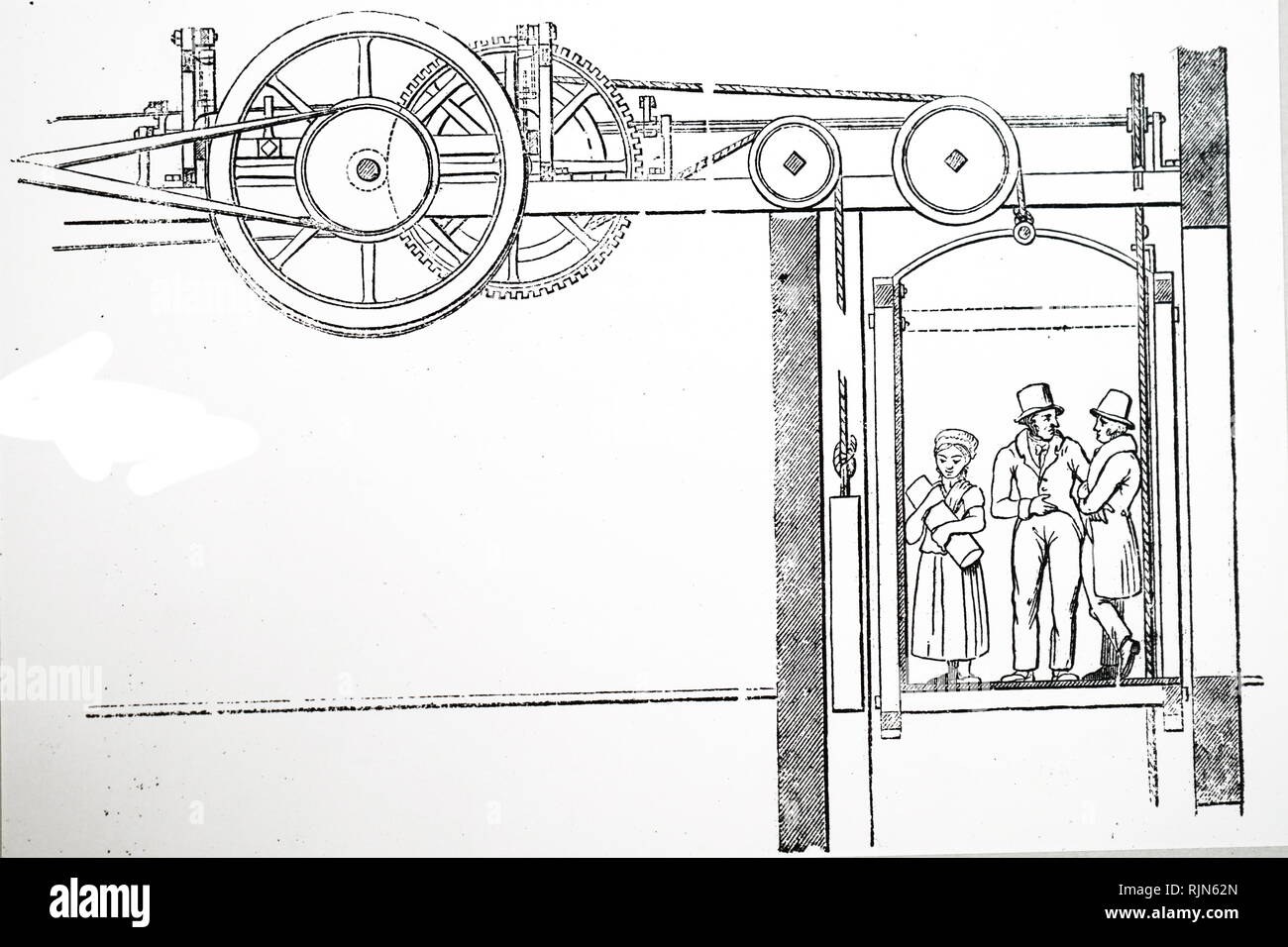 Illustration showing Factory TEAGLE or hoist. This lift, which was powered by the engpee which ran the textile machinery, was used in many large textile mills to carry personnel from one floor to another. London, 1835 Stock Photo