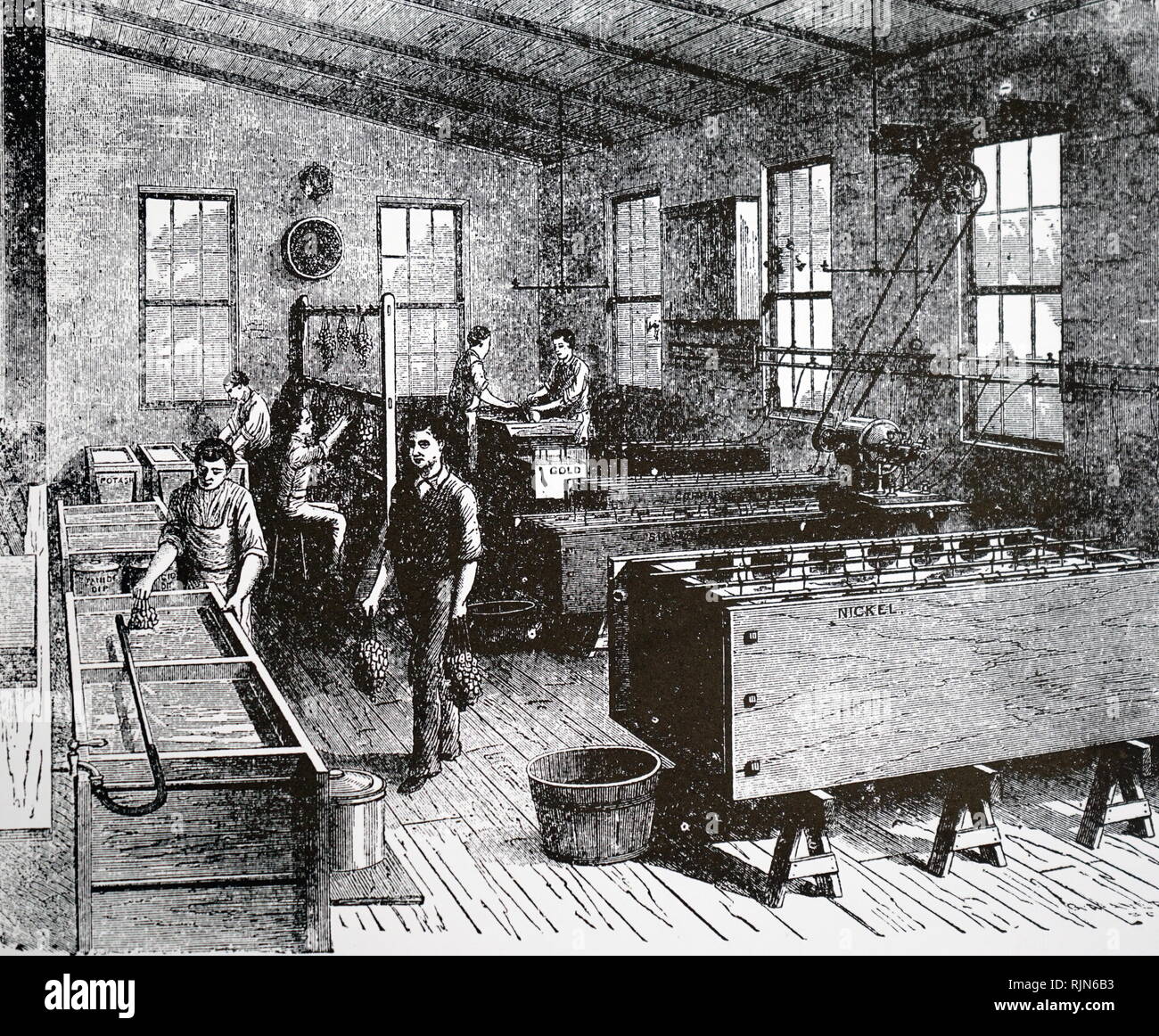 Illustration showing Electroplating works, England. 1880 Stock Photo