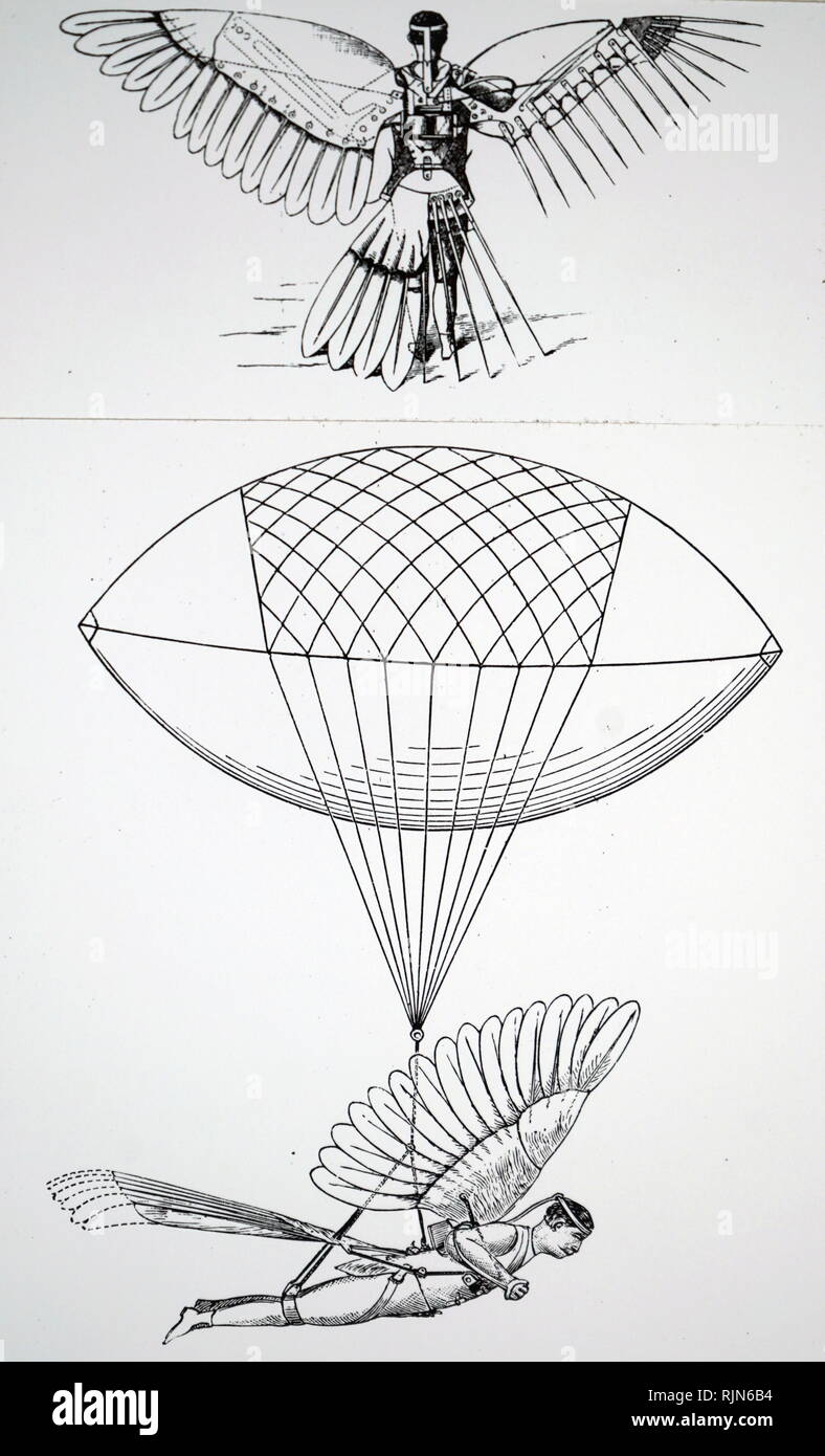 Illustration showing Reuben Jasper Spalding's (1889) method of quick, direct transport - an electrically driven ornithopter. 1896 Stock Photo