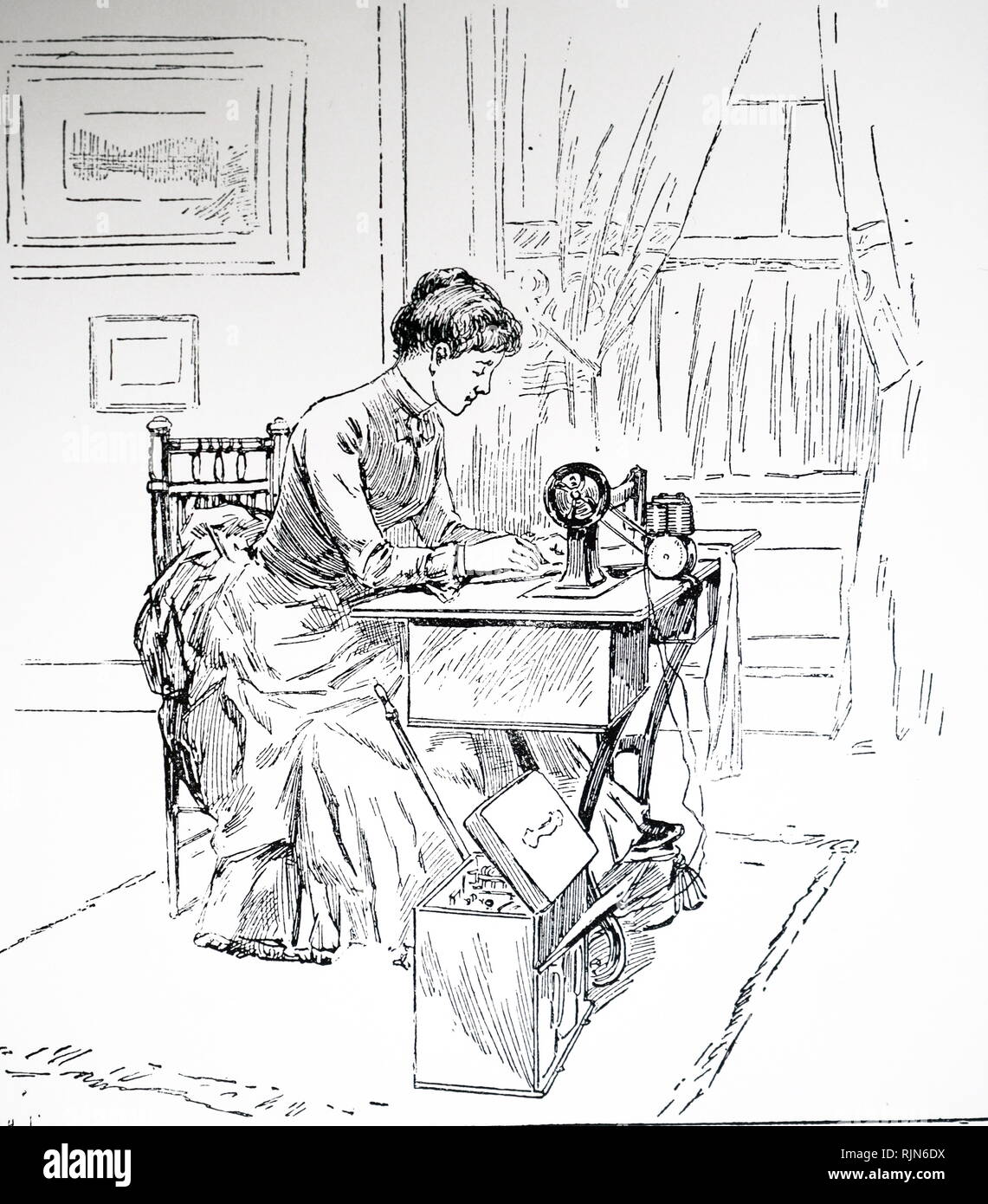 Illustration showing Lady using a battery-powered electric sewing machine. 1888 Stock Photo