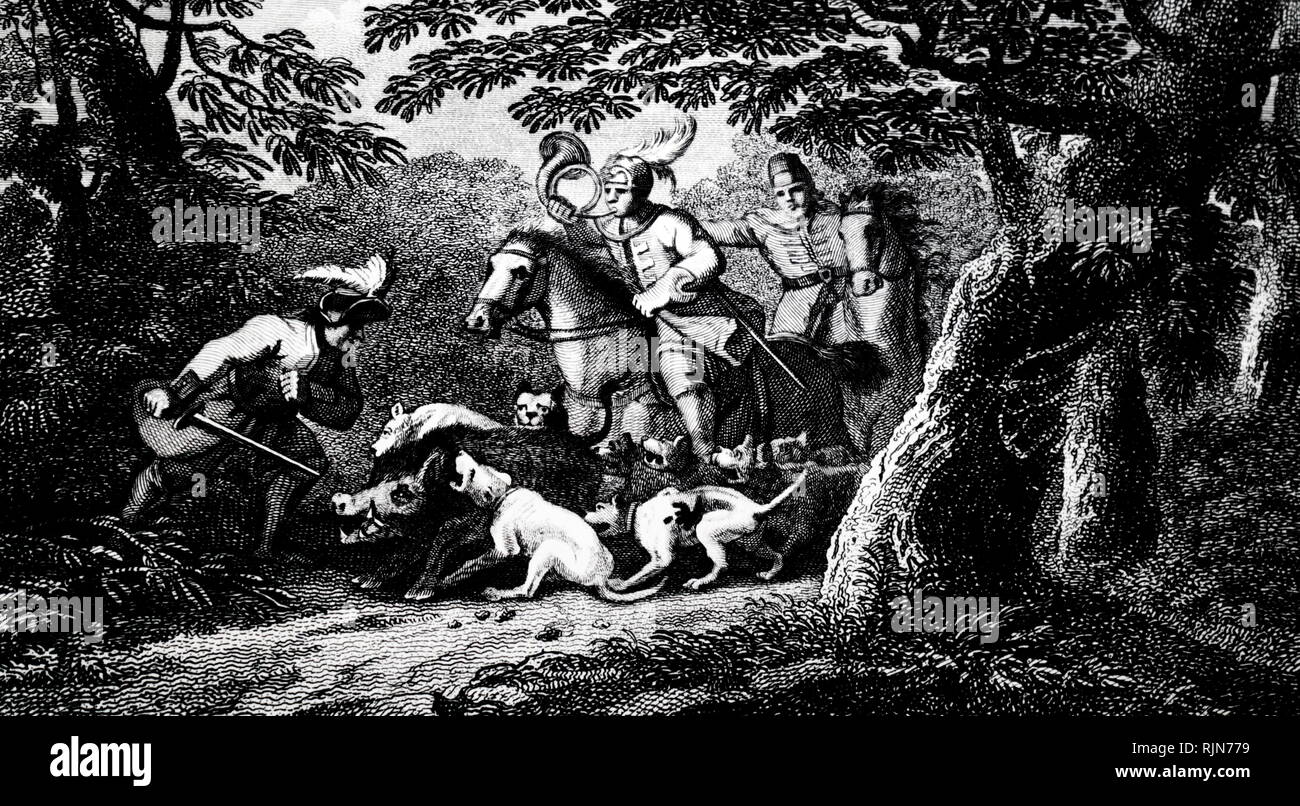Illustration showing an English boar hunt 1815 Stock Photo