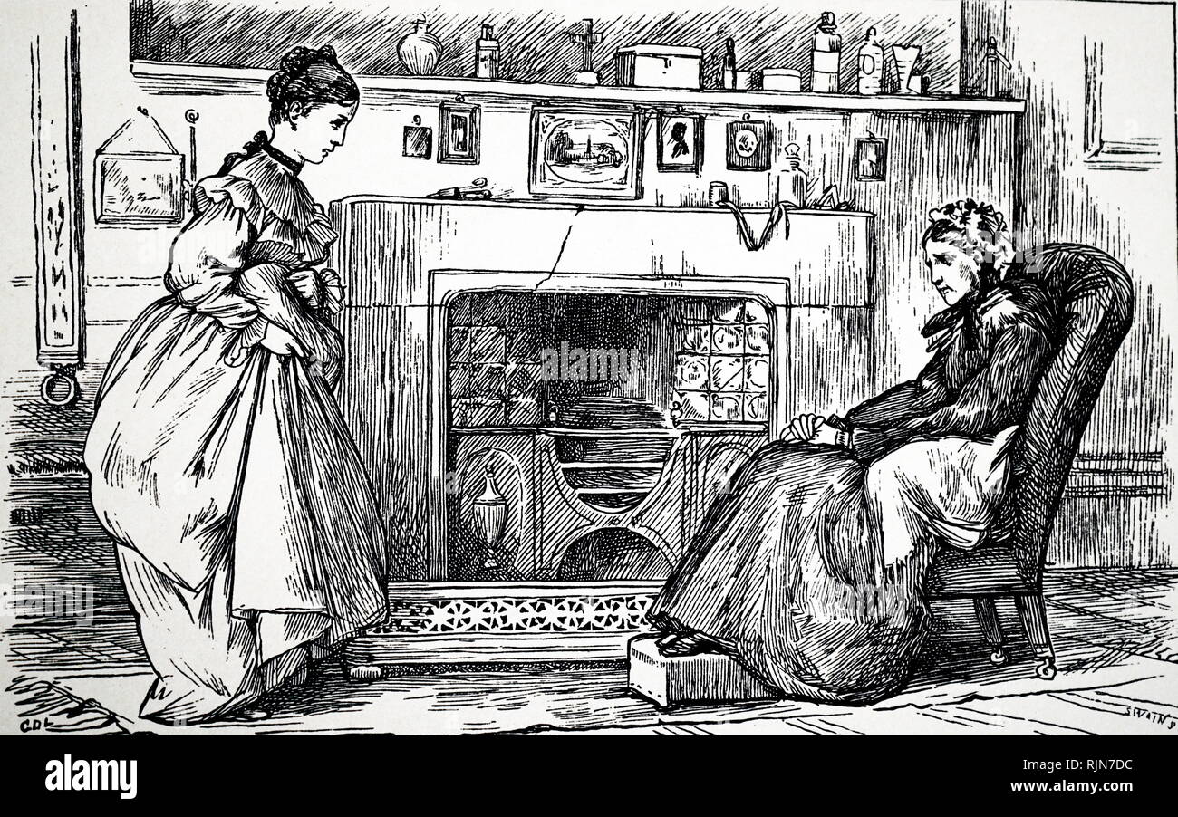 Illustration showing Mother and daughter at the fireside 1881 Stock Photo